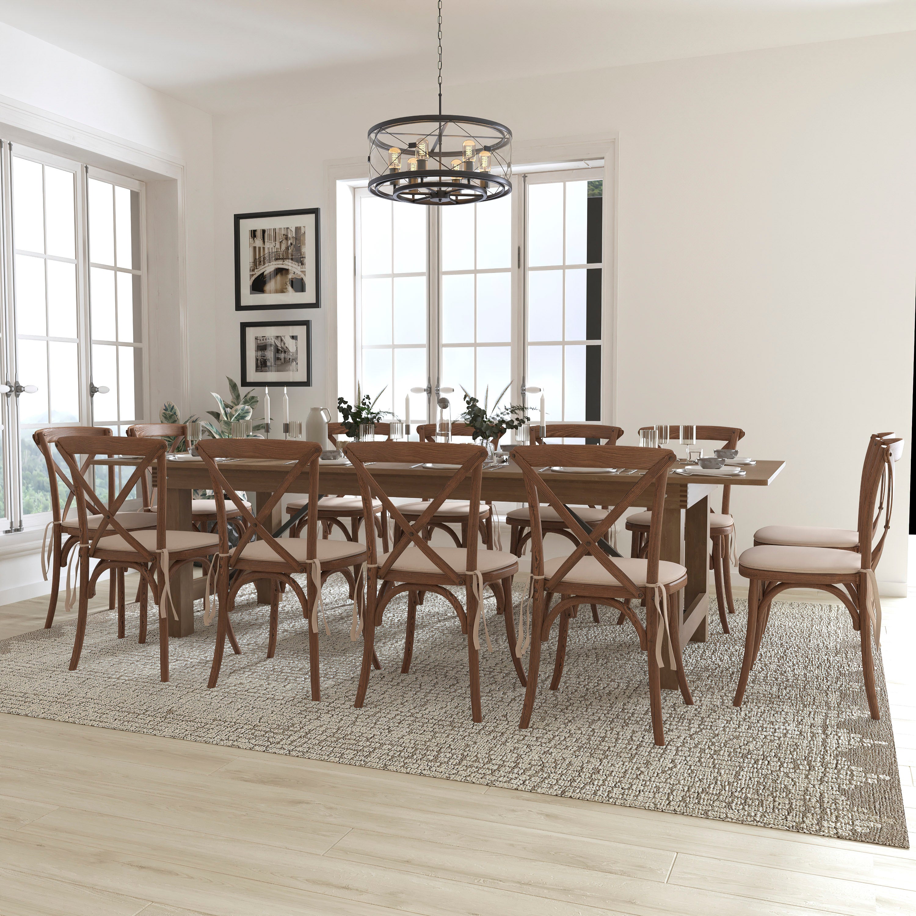 HERCULES Series 9' x 40'' Antique Rustic Folding Farm Table Set with 12 Cross Back Chairs and Cushions