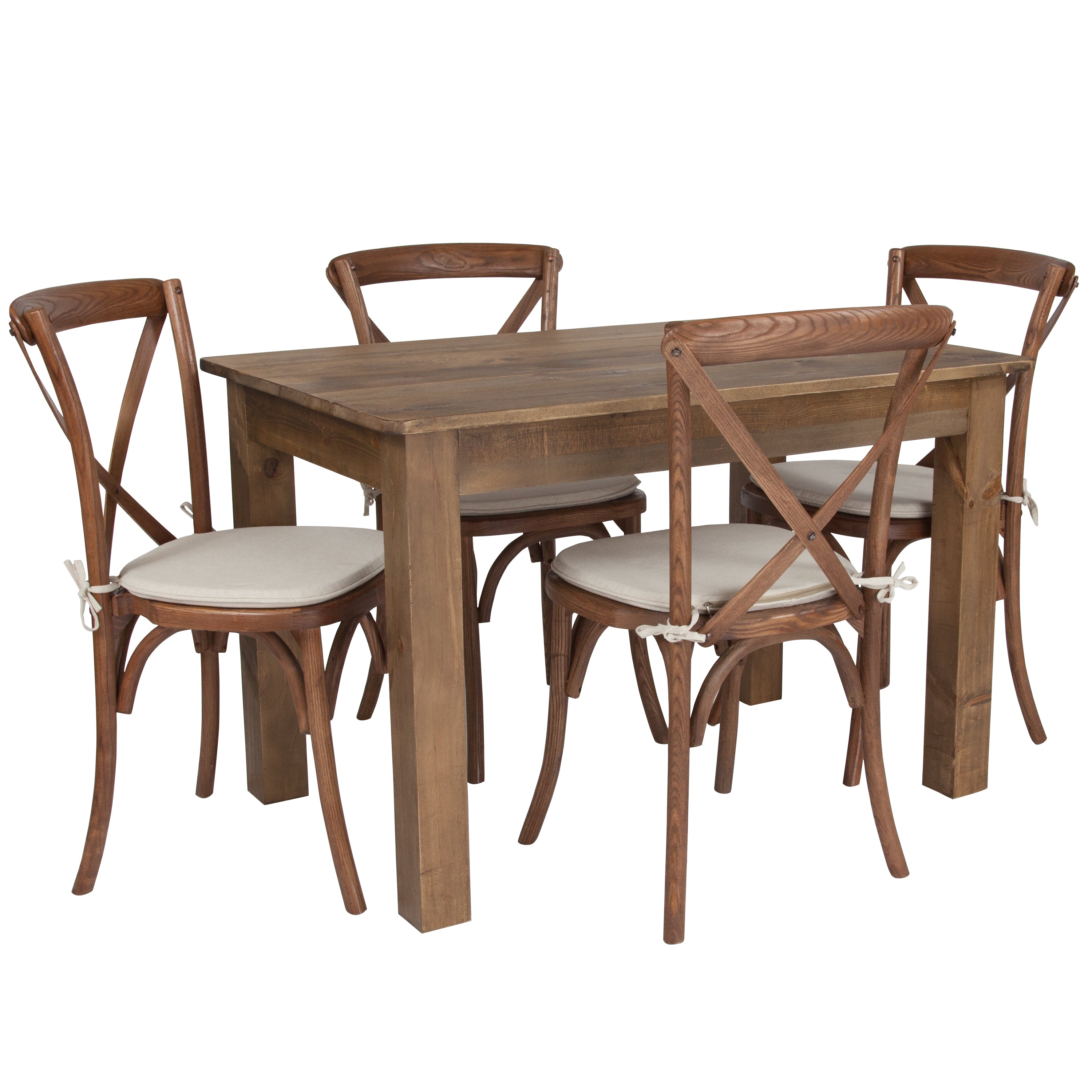 HERCULES 46" x 30" Antique Rustic Farm Table Set with 4 Cross Back Chairs and Cushions