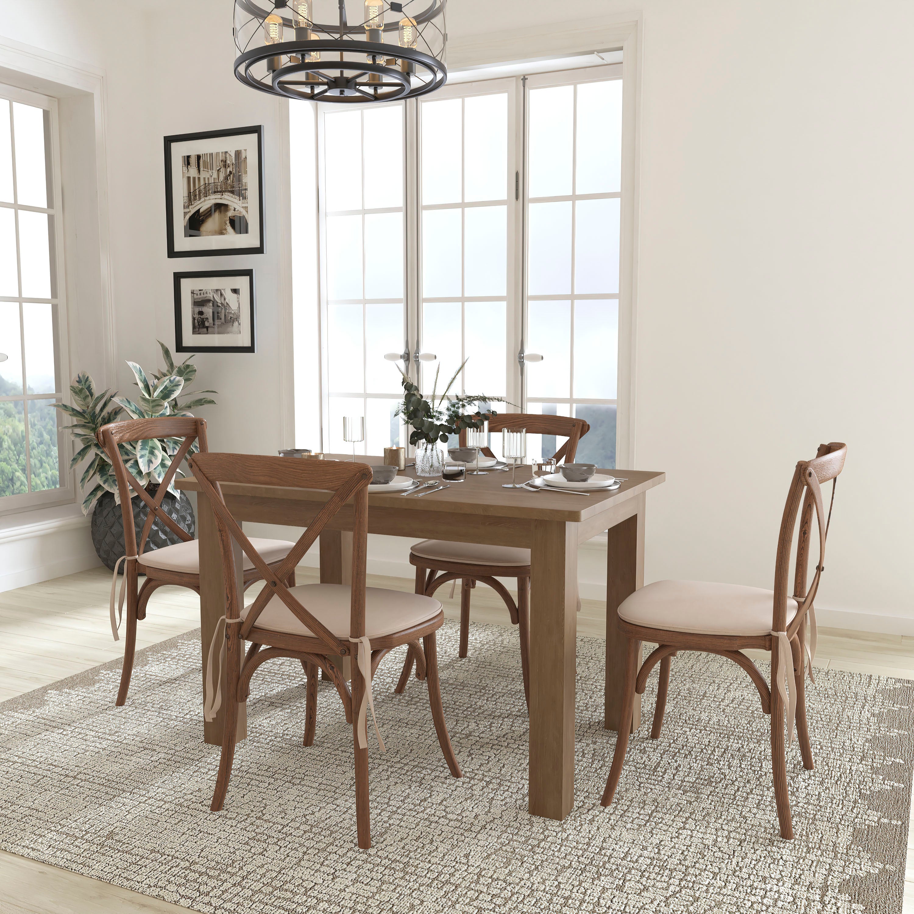 HERCULES 46" x 30" Antique Rustic Farm Table Set with 4 Cross Back Chairs and Cushions