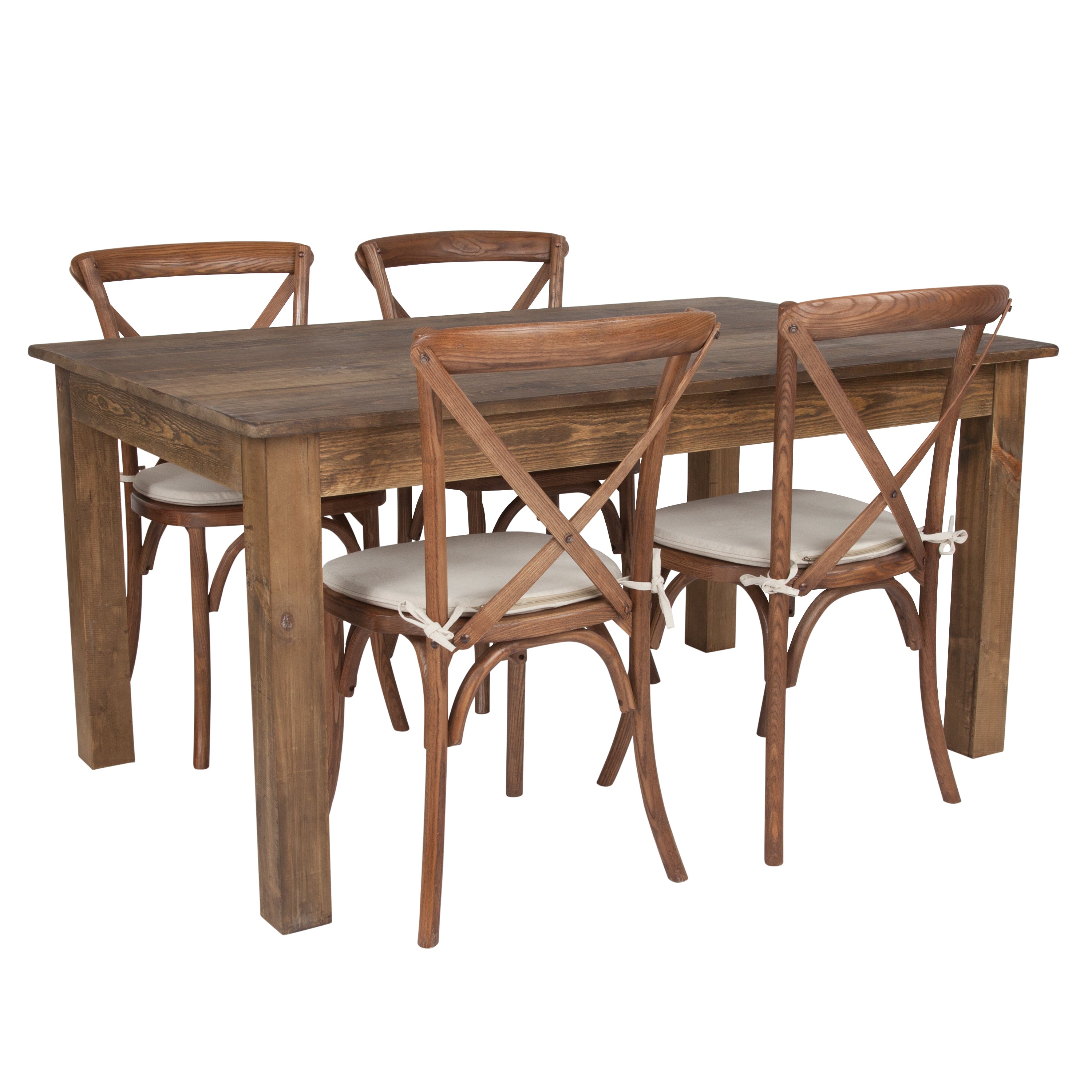 HERCULES 60" x 38" Antique Rustic Farm Table Set with 4 Cross Back Chairs and Cushions
