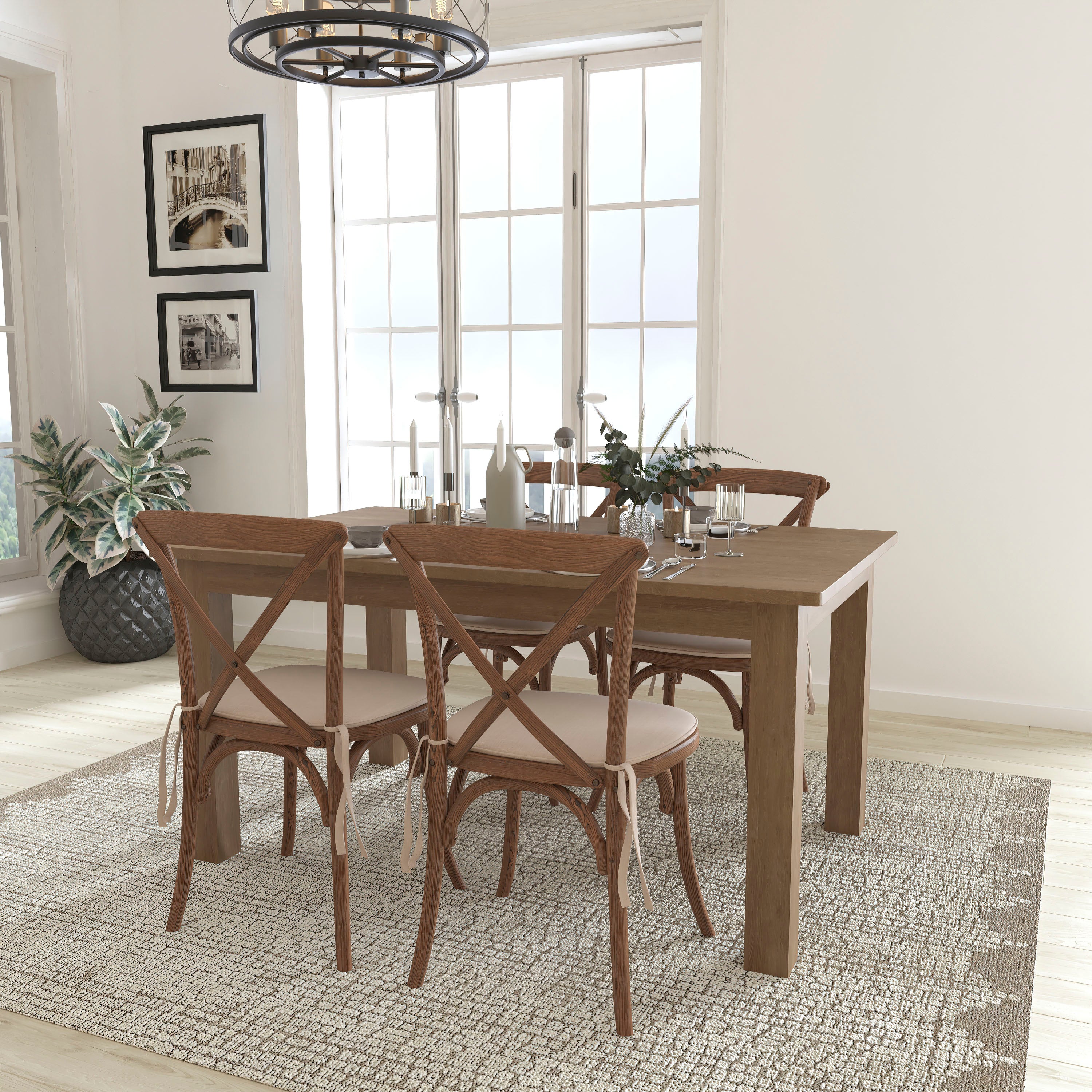HERCULES 60" x 38" Antique Rustic Farm Table Set with 4 Cross Back Chairs and Cushions