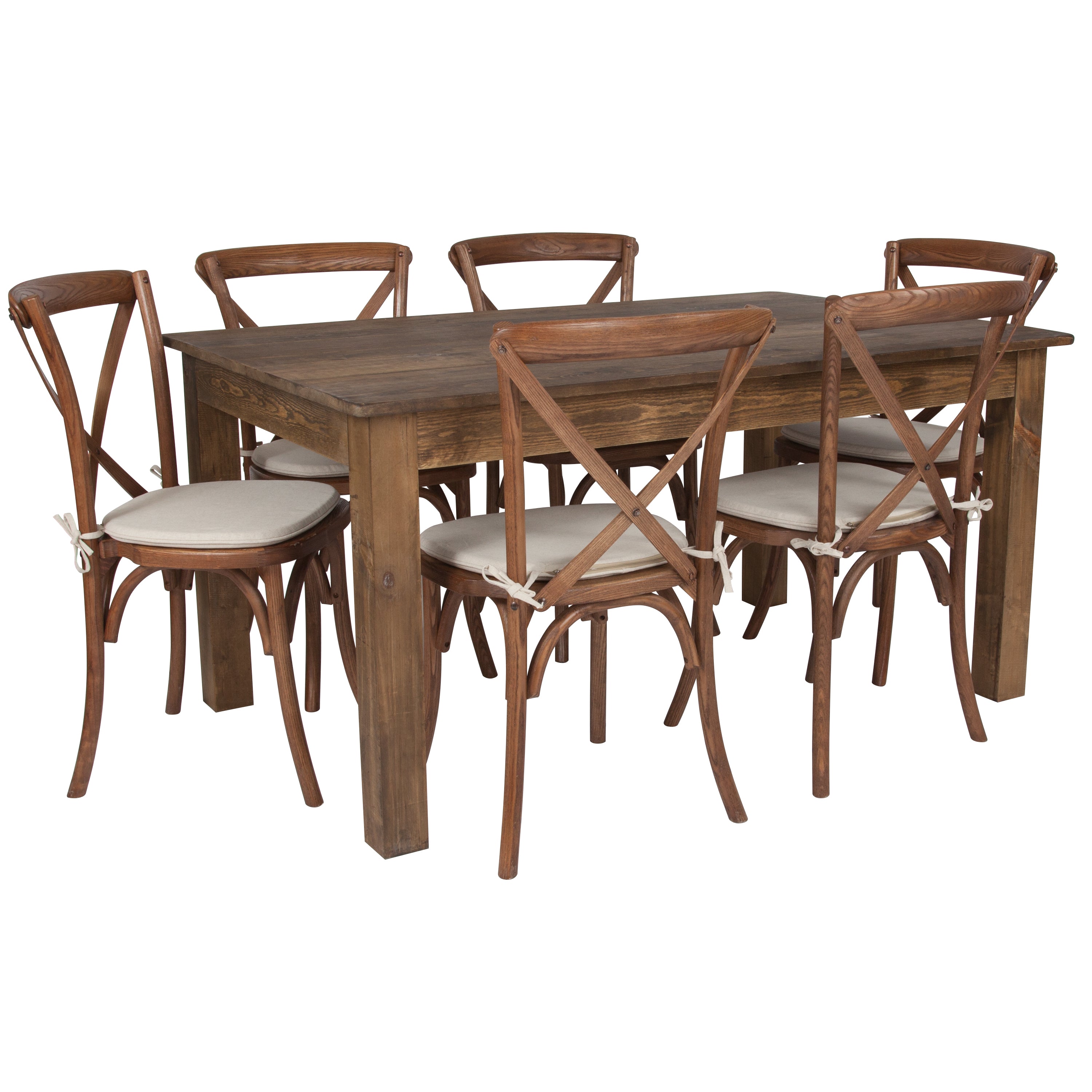 HERCULES 60" x 38" Antique Rustic Farm Table Set with 6 Cross Back Chairs and Cushions