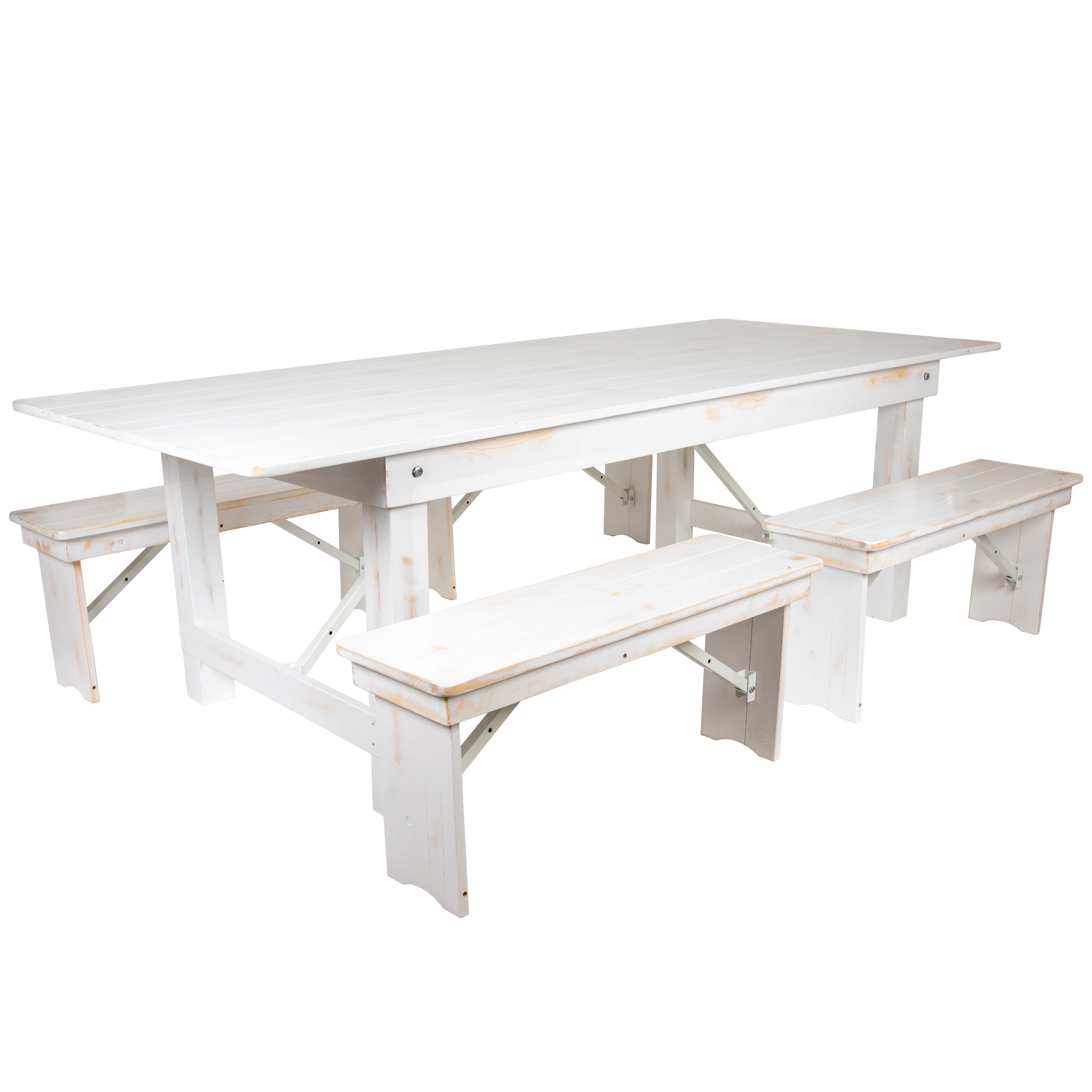 HERCULES Series 8' x 40" Antique Rustic White Folding Farm Table and Four 40.25"L Bench Set