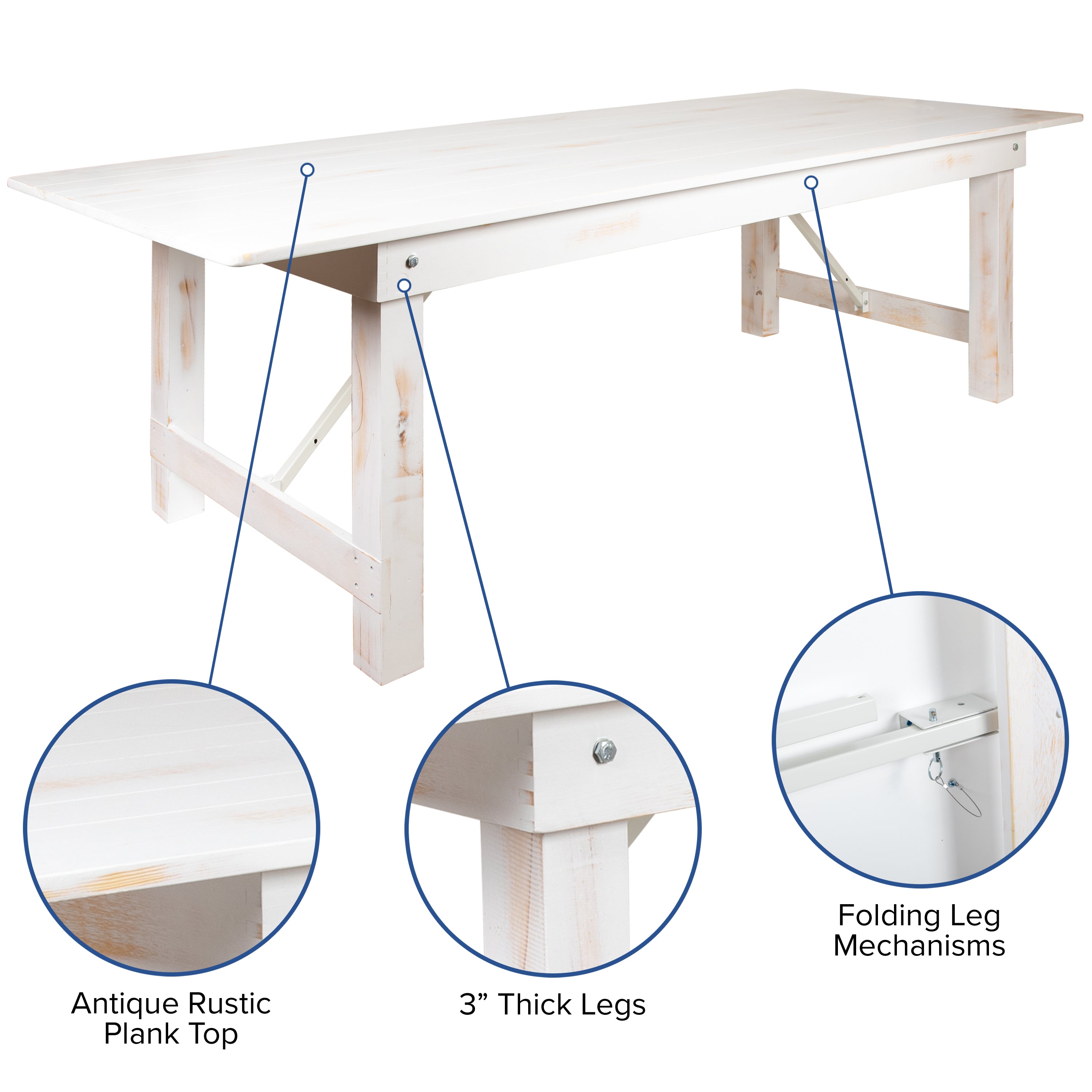 HERCULES Series 8' x 40" Antique Rustic White Folding Farm Table and Four 40.25"L Bench Set