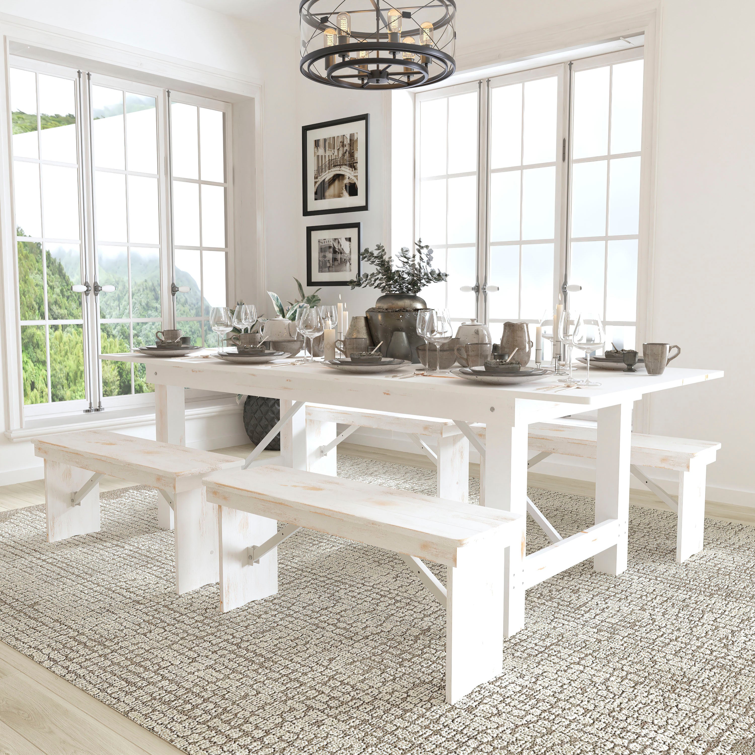 HERCULES Series 8' x 40" Antique Rustic White Folding Farm Table and Four 40.25"L Bench Set