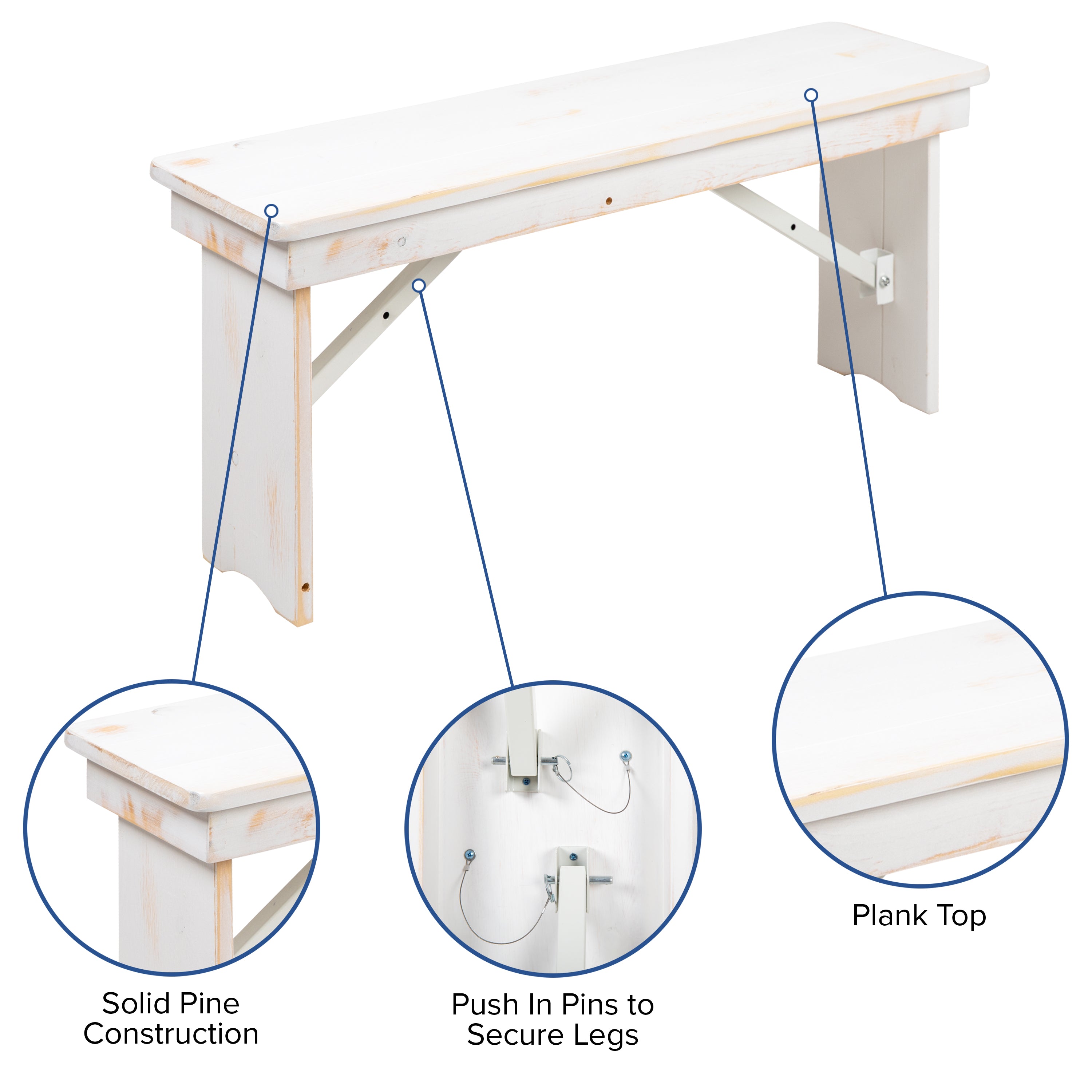 HERCULES Series 8' x 40" Antique Rustic White Folding Farm Table and Six Bench Set