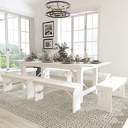 HERCULES Series 8' x 40" Antique Rustic White Folding Farm Table and Six Bench Set