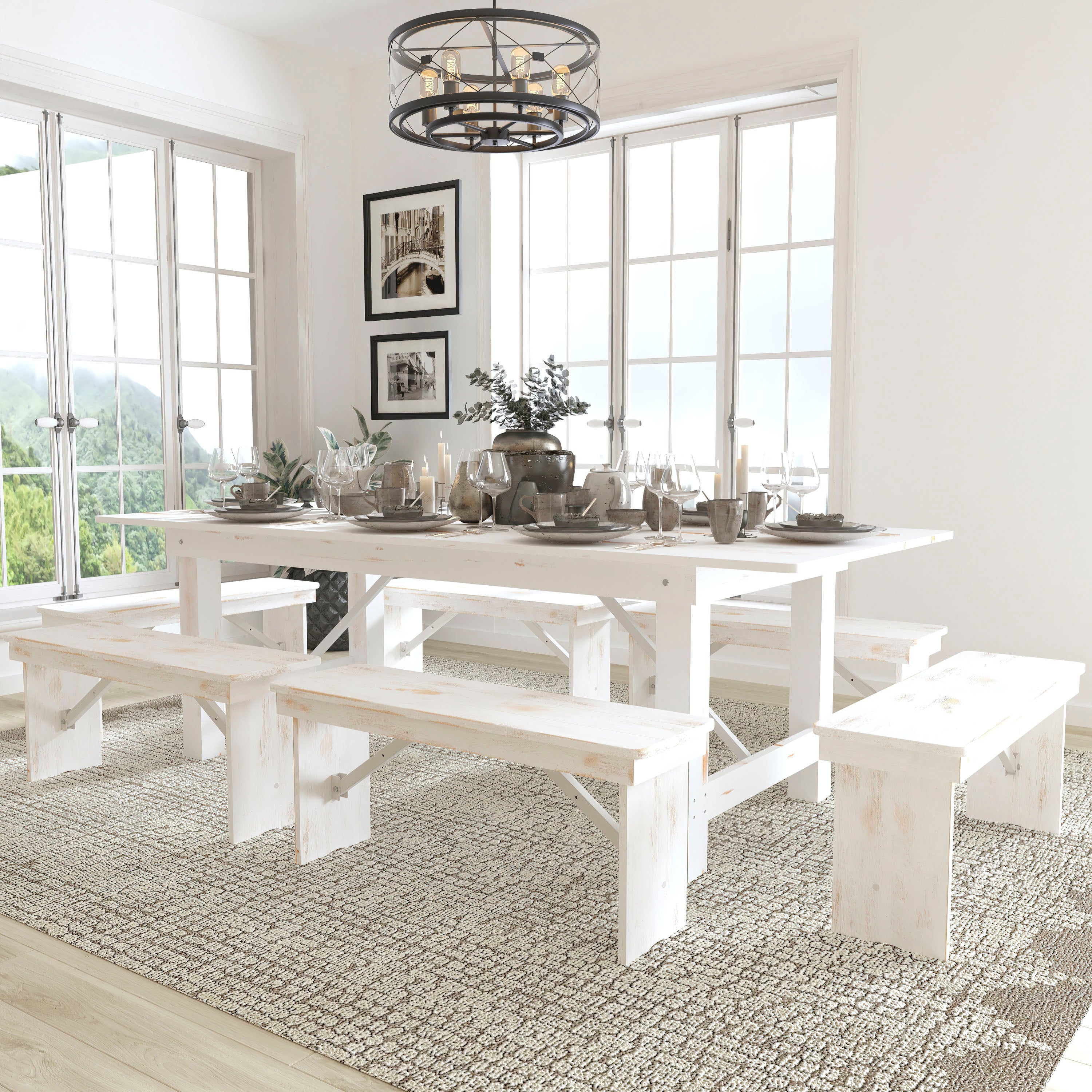 HERCULES Series 8' x 40" Antique Rustic White Folding Farm Table and Six Bench Set