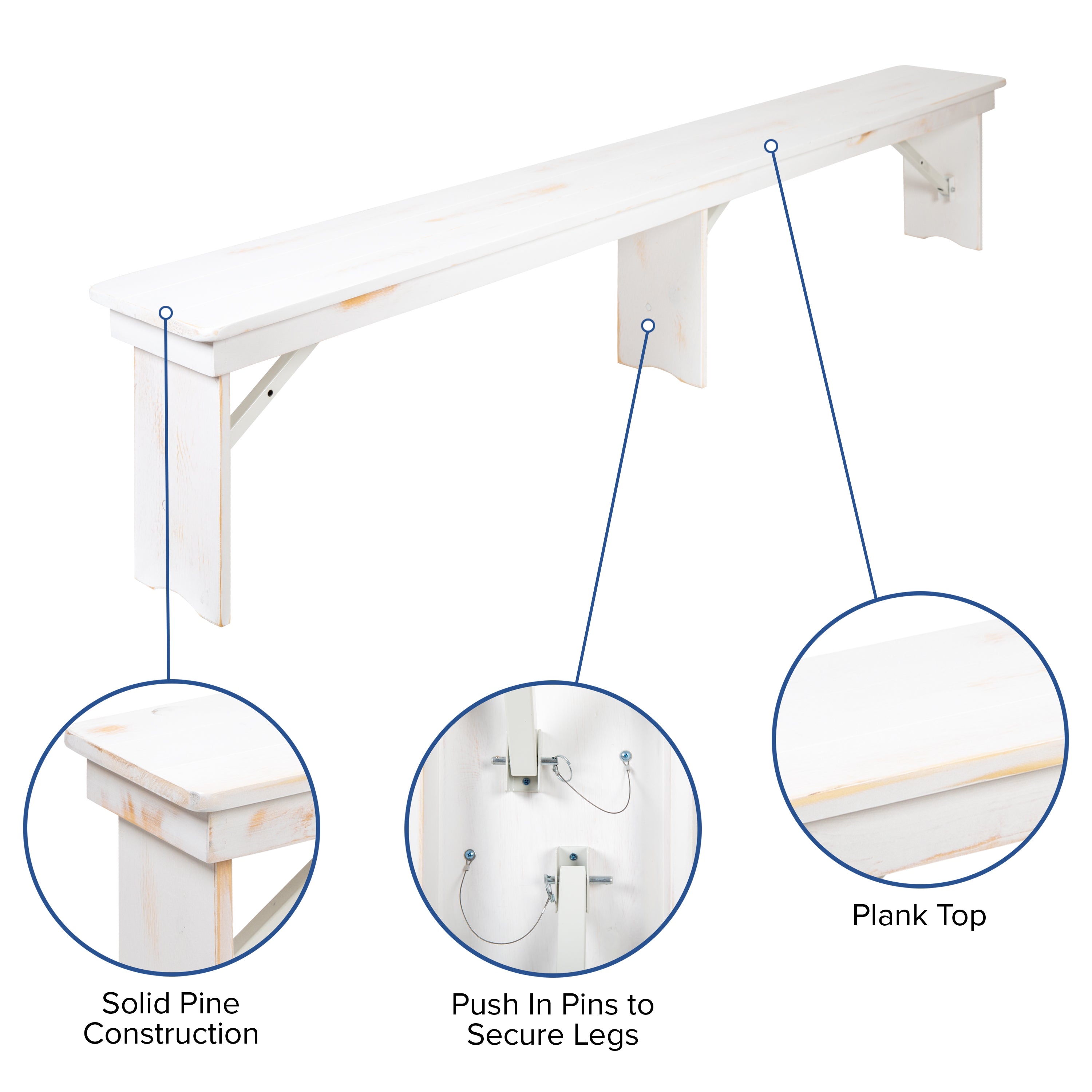HERCULES Series 8' x 40" Antique Rustic White Folding Farm Table and Two Bench Set