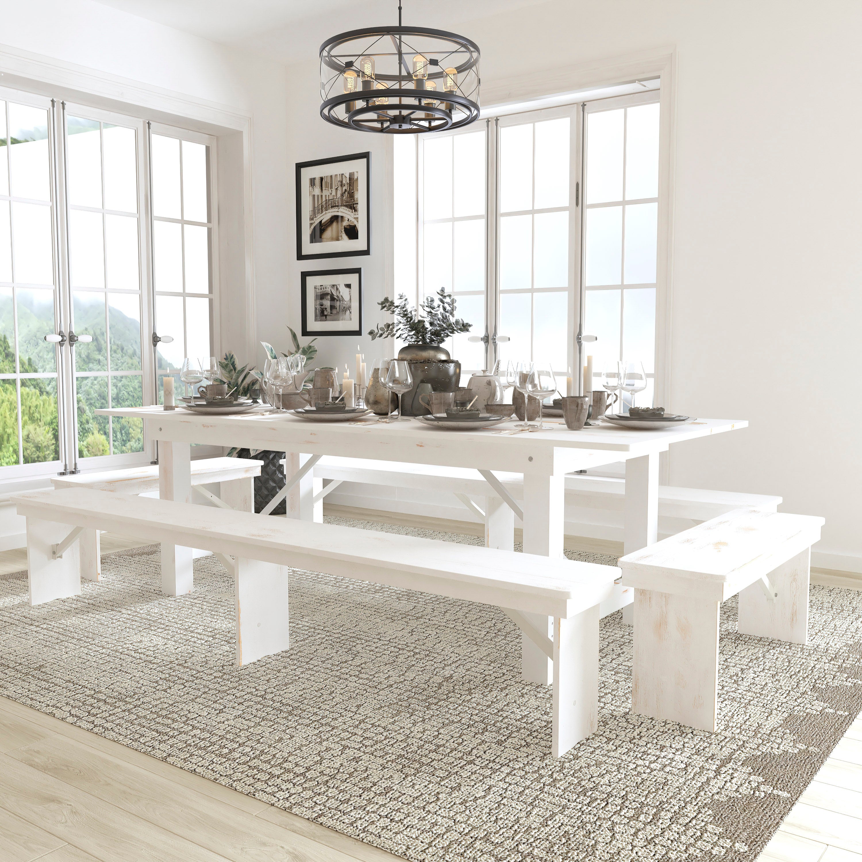 HERCULES Series 8' x 40" Antique Rustic White Folding Farm Table and Four Bench Set