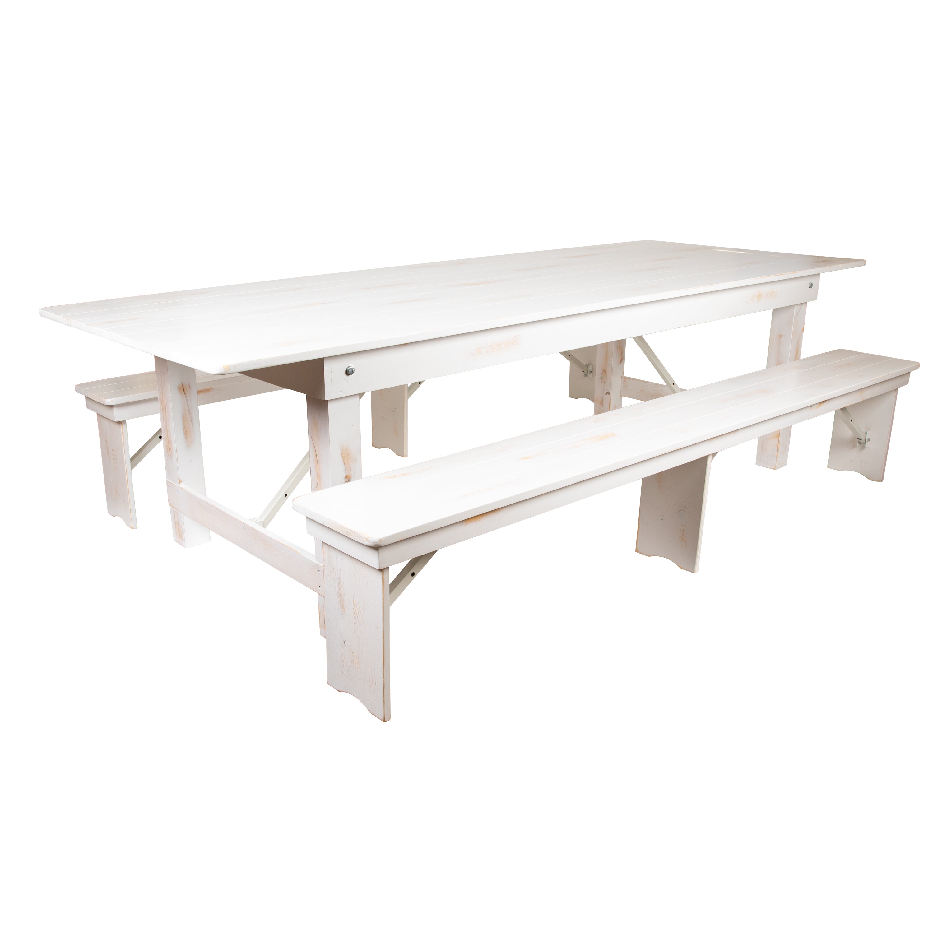 HERCULES Series 9' x 40" Antique Rustic White Folding Farm Table and Two Bench Set