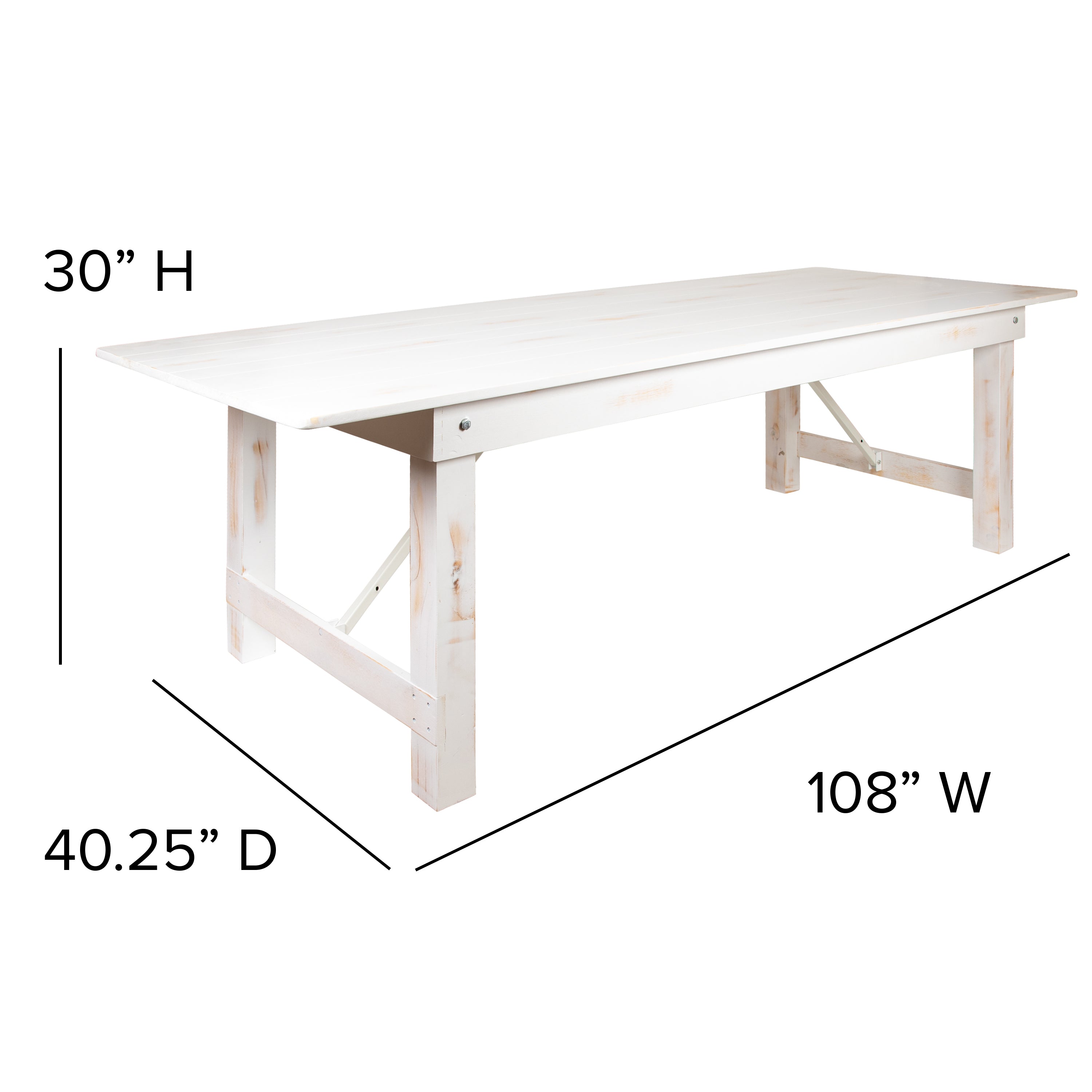 HERCULES Series 9' x 40" Antique Rustic White Folding Farm Table and Two Bench Set