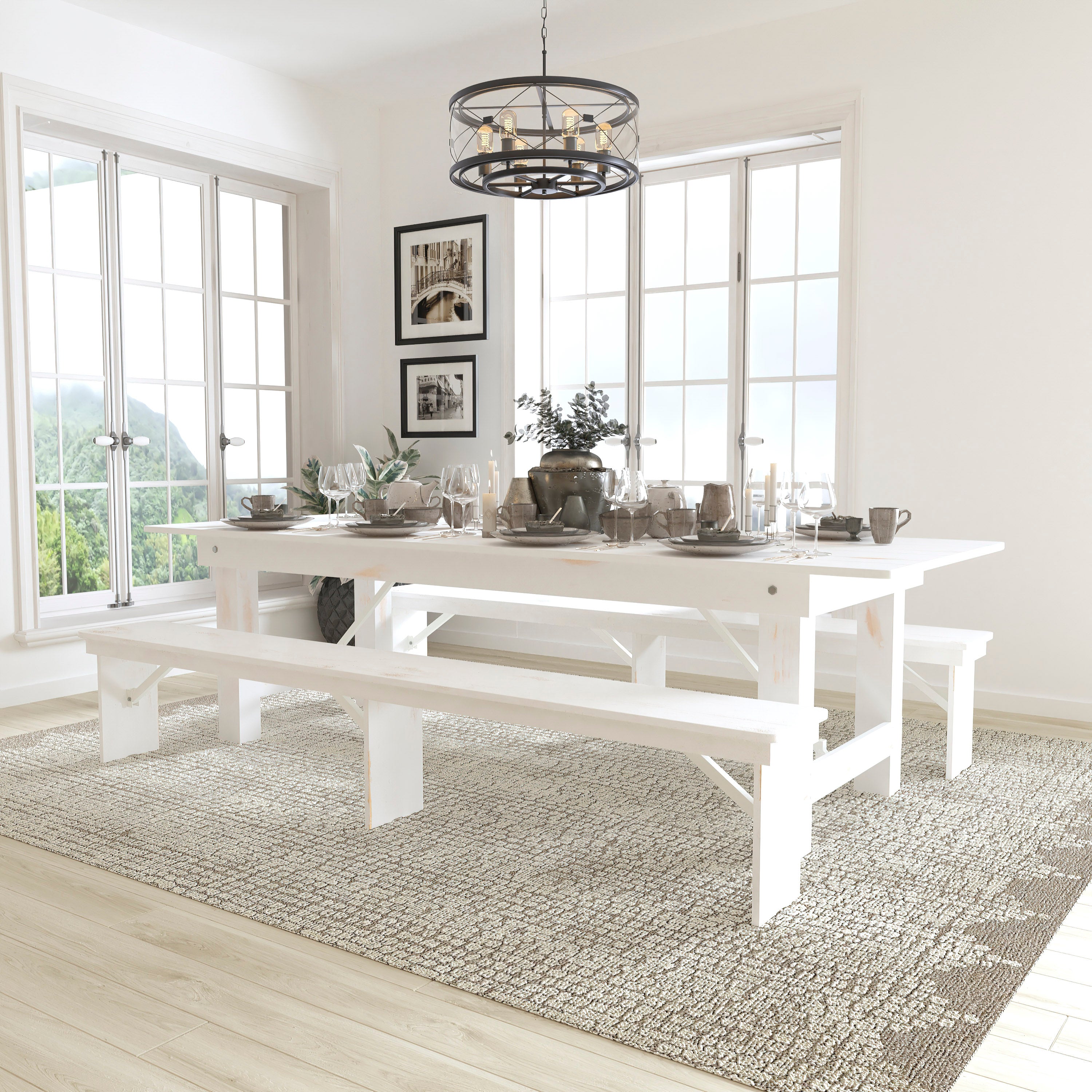 HERCULES Series 9' x 40" Antique Rustic White Folding Farm Table and Two Bench Set