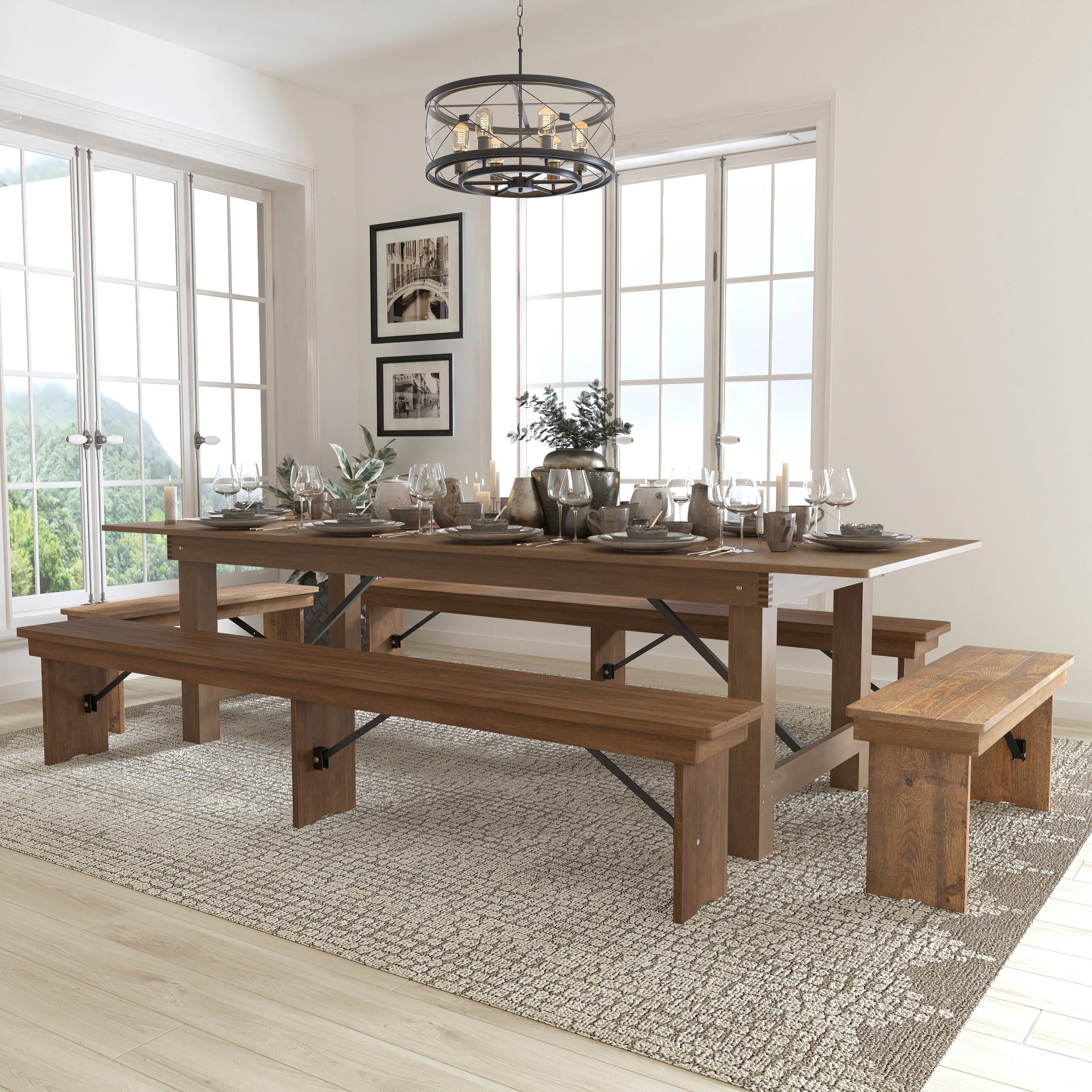 HERCULES Series 9' x 40'' Antique Rustic Folding Farm Table and Four Bench Set