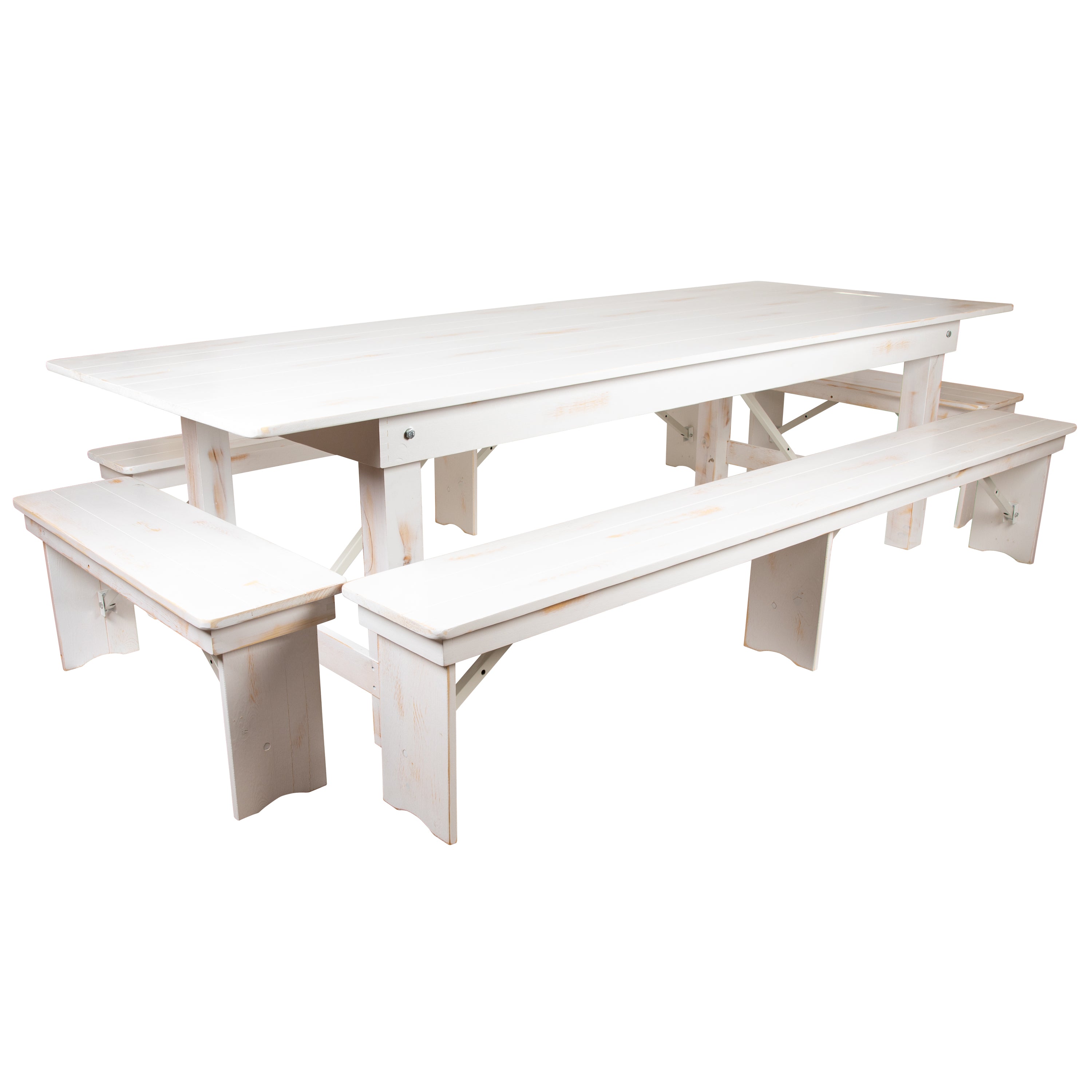 HERCULES Series 9' x 40" Antique Rustic White Folding Farm Table and Four Bench Set