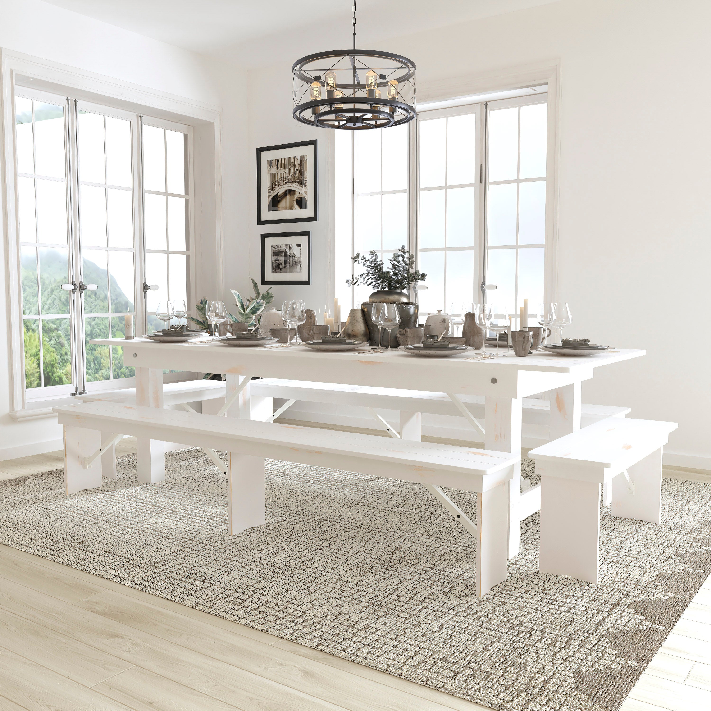 HERCULES Series 9' x 40" Antique Rustic White Folding Farm Table and Four Bench Set