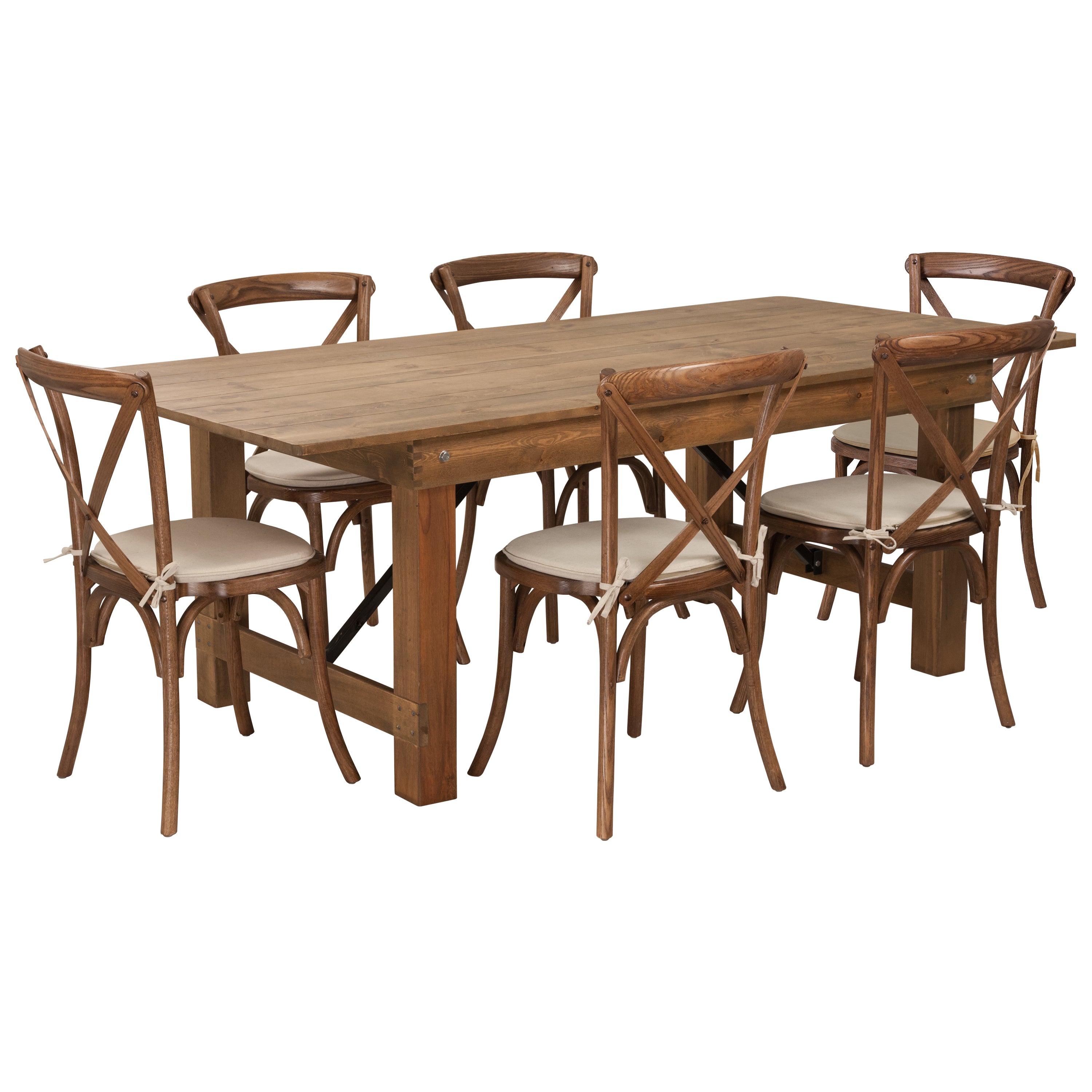 HERCULES Series 7' x 40'' Antique Rustic Folding Farm Table Set with 6 Cross Back Chairs and Cushions