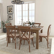 HERCULES Series 7' x 40'' Antique Rustic Folding Farm Table Set with 6 Cross Back Chairs and Cushions