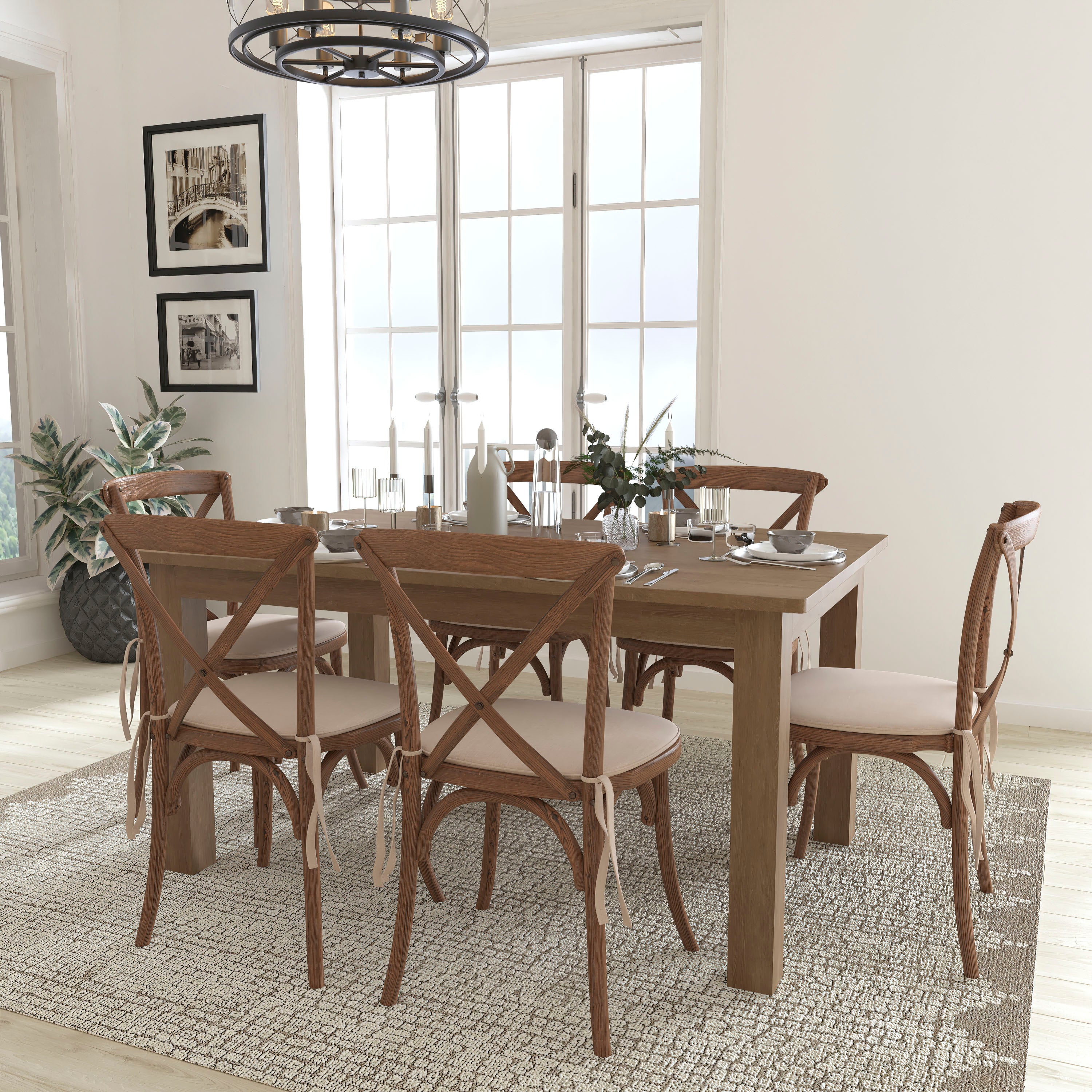 HERCULES Series 7' x 40'' Antique Rustic Folding Farm Table Set with 6 Cross Back Chairs and Cushions
