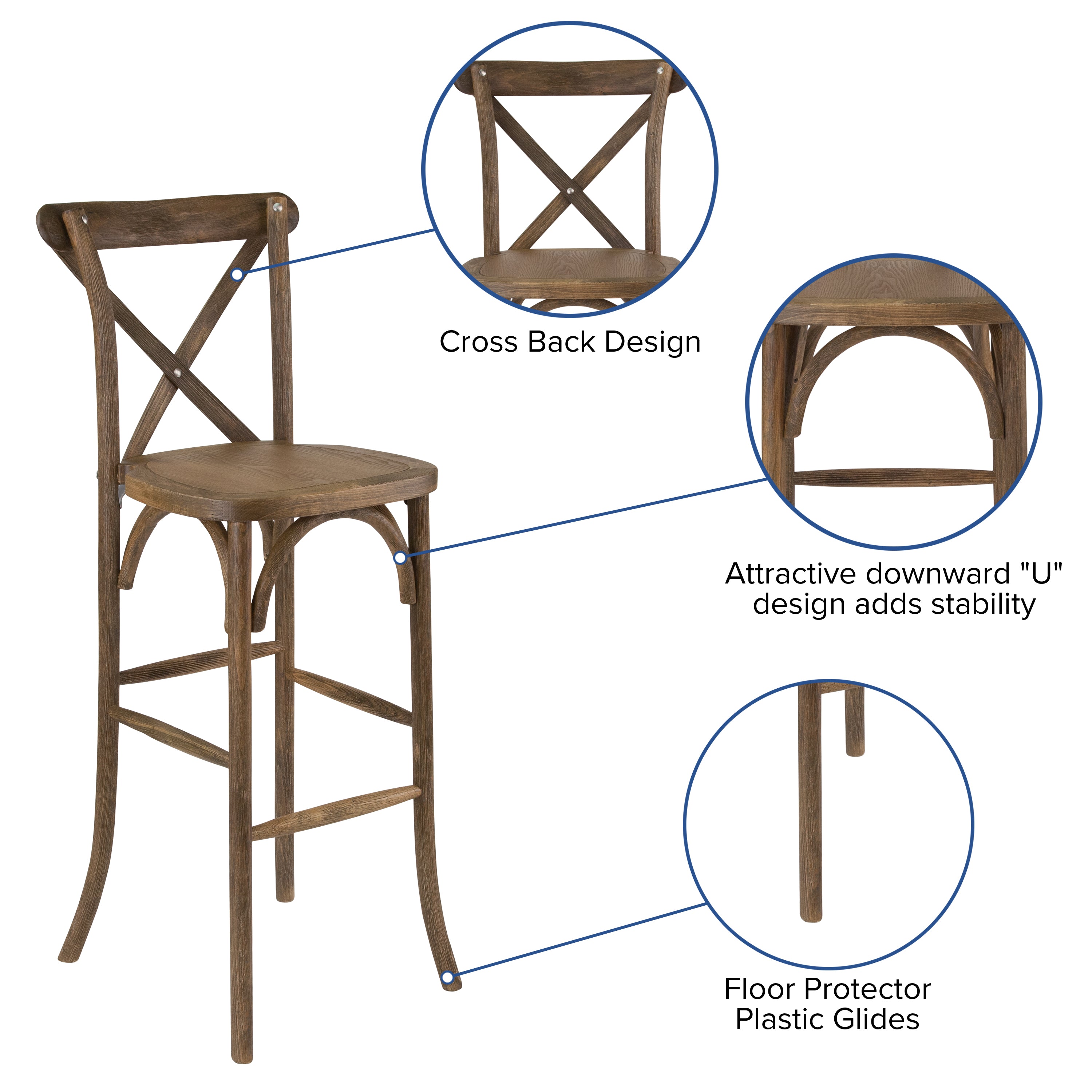 HERCULES Series Dark Antique Wood Cross Back Barstool