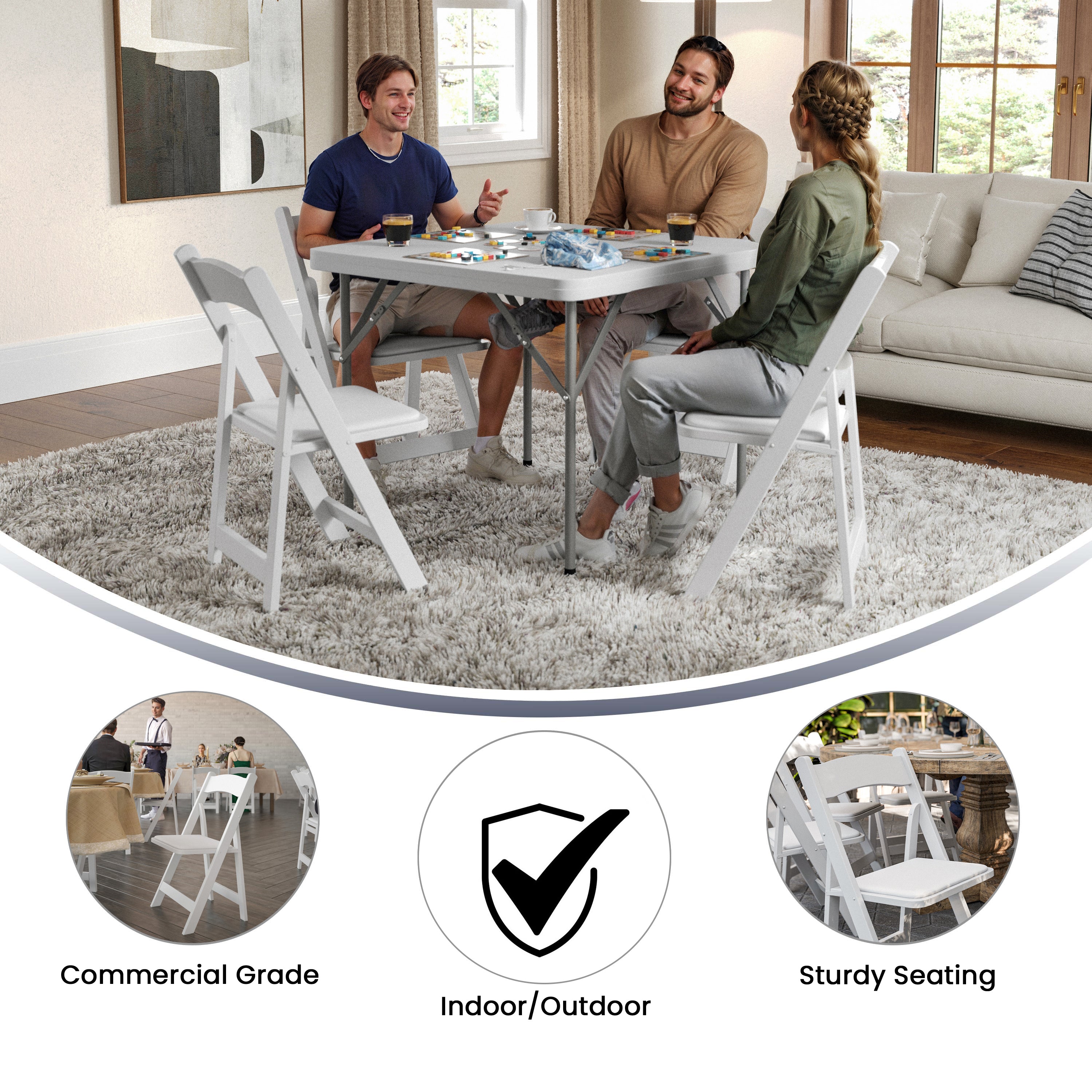 2 Pack HERCULES Series White Wood Folding Chair with Vinyl Padded Seat