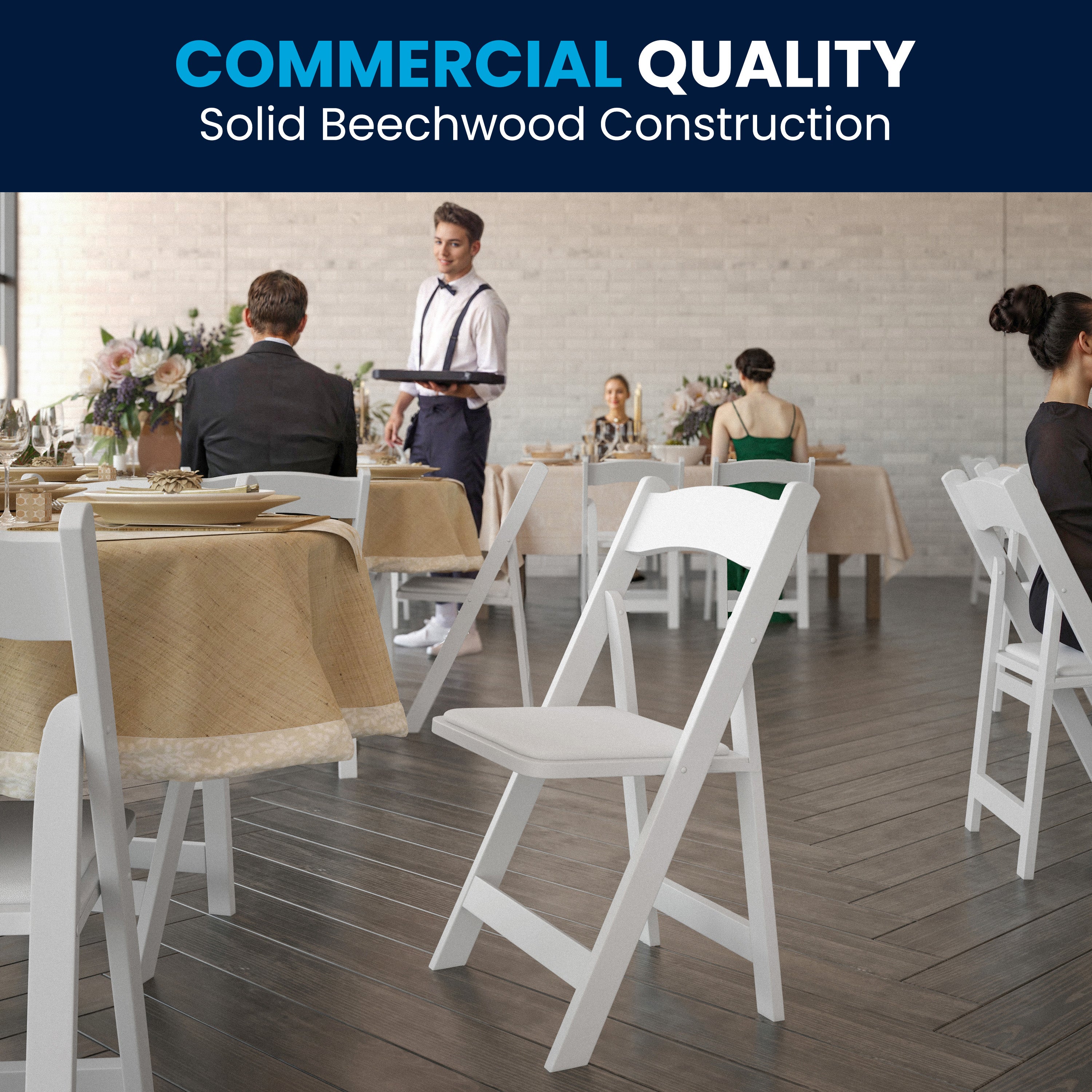 2 Pack HERCULES Series White Wood Folding Chair with Vinyl Padded Seat