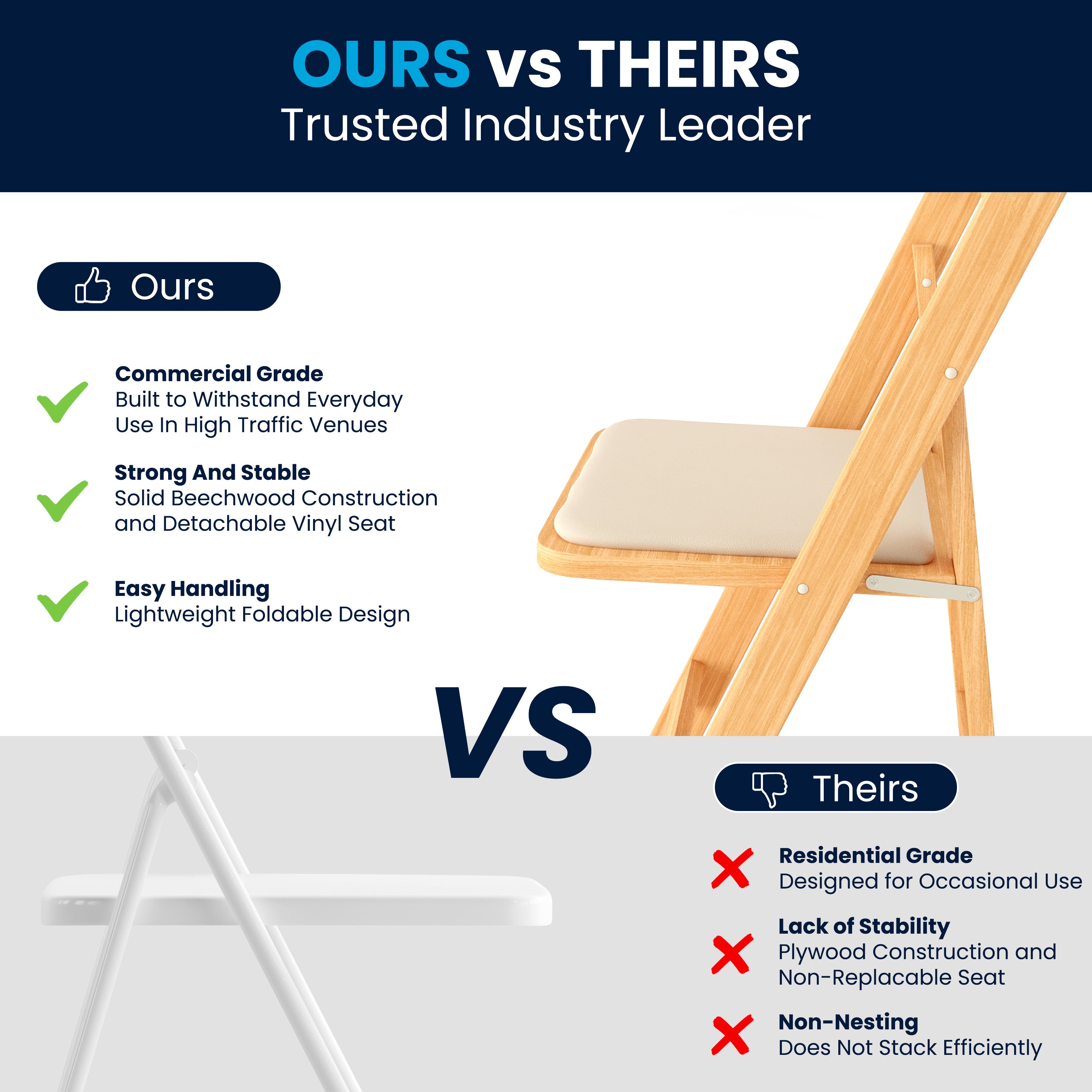 2 Pack HERCULES Series Natural Wood Folding Chair with Vinyl Padded Seat