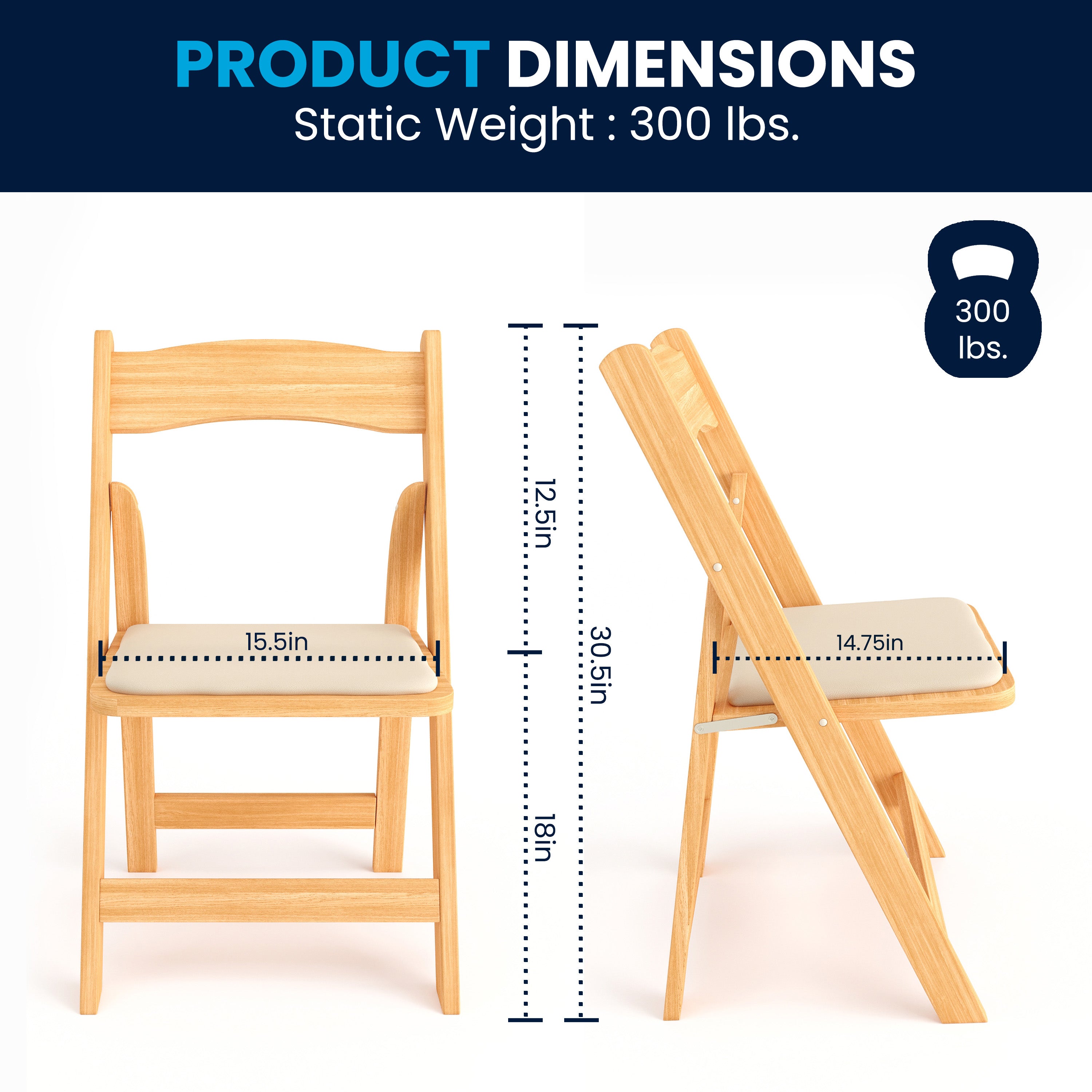2 Pack HERCULES Series Natural Wood Folding Chair with Vinyl Padded Seat