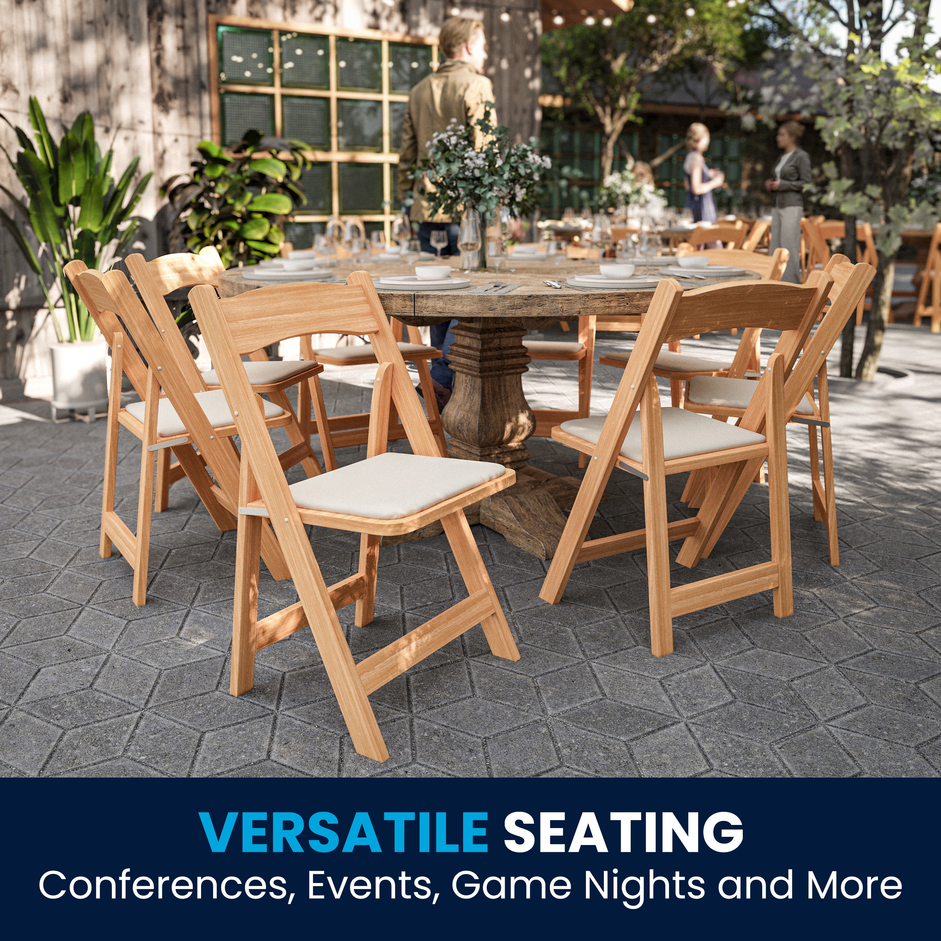 2 Pack HERCULES Series Natural Wood Folding Chair with Vinyl Padded Seat