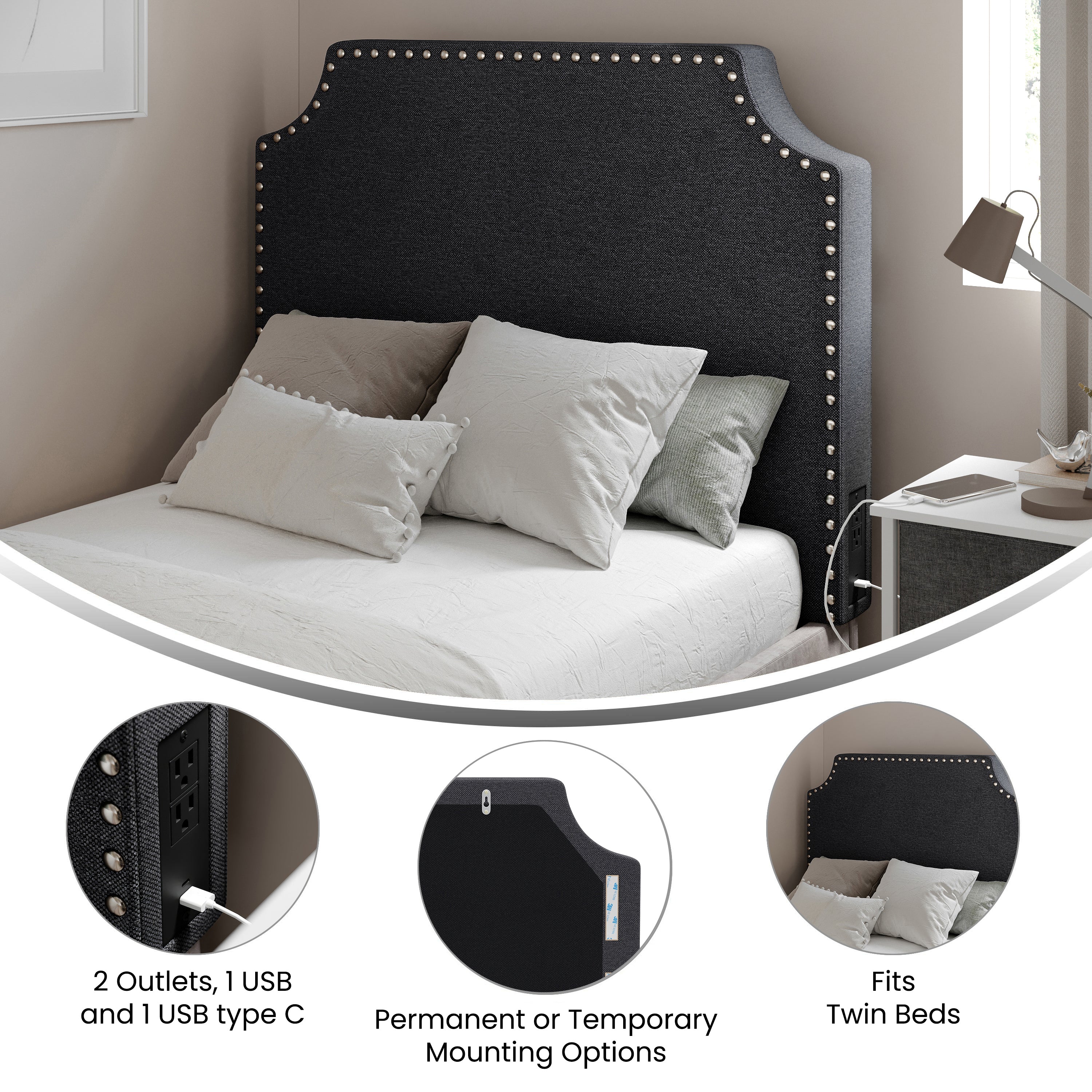 Adeline Contoured Twin Headboard with 2 Power Outlets, 1 USB and 1 USB Type-C Port with Studded Faux Linen Upholstery and Dual Hanging Options, Gray