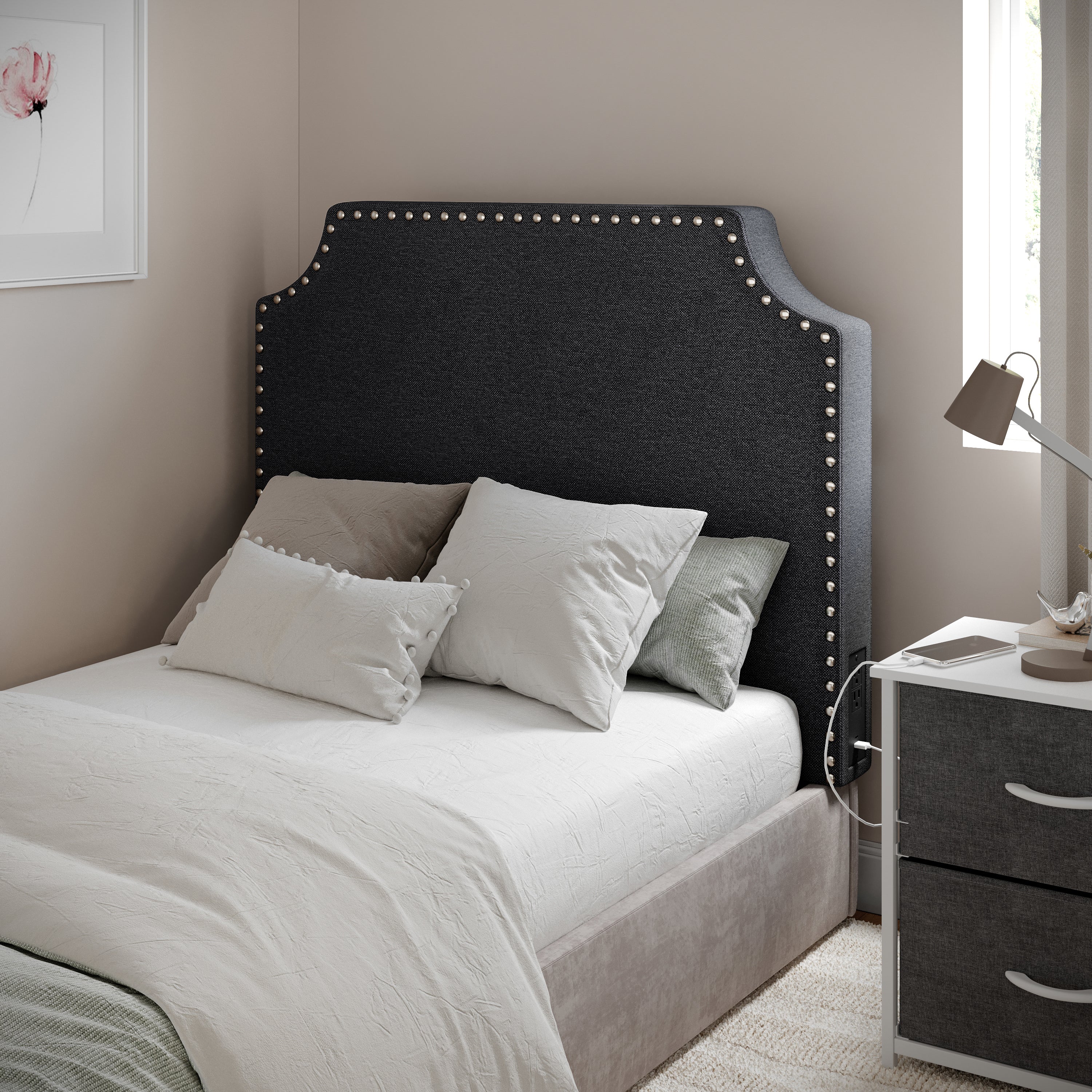 Adeline Contoured Twin Headboard with 2 Power Outlets, 1 USB and 1 USB Type-C Port with Studded Faux Linen Upholstery and Dual Hanging Options, Gray