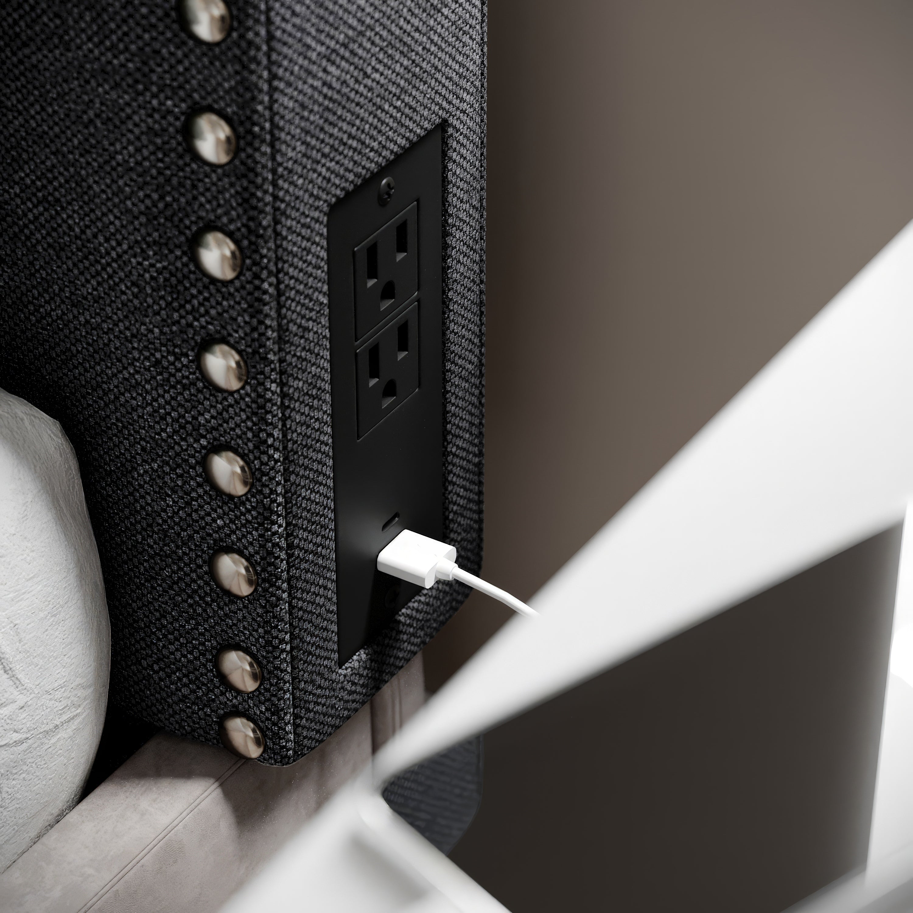 Adeline Contoured Twin Headboard with 2 Power Outlets, 1 USB and 1 USB Type-C Port with Studded Faux Linen Upholstery and Dual Hanging Options, Gray