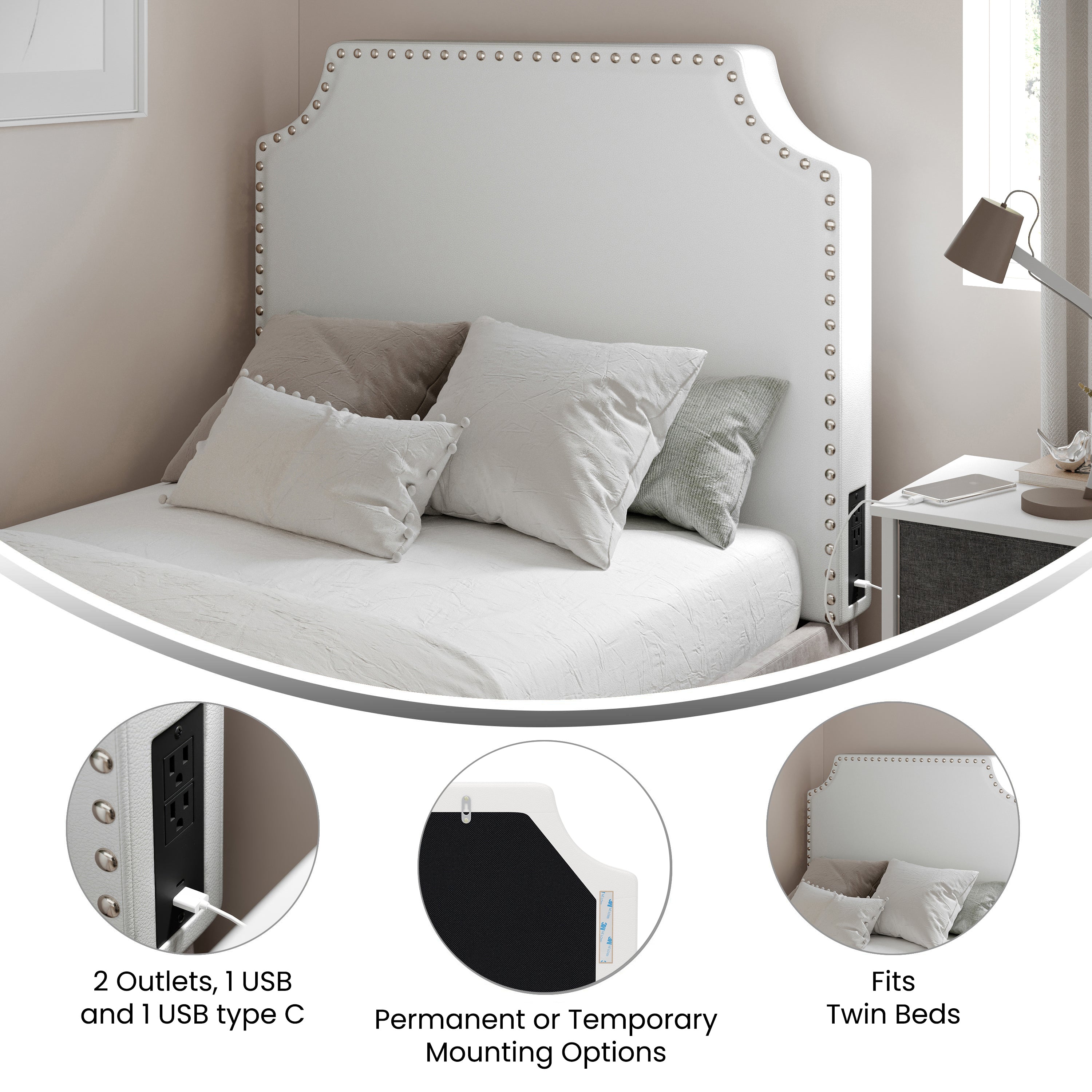 Adeline Contoured Twin Headboard with 2 Power Outlets, 1 USB and 1 USB Type-C Port with Studded LeatherSoft Upholstery and Dual Hanging Options, White