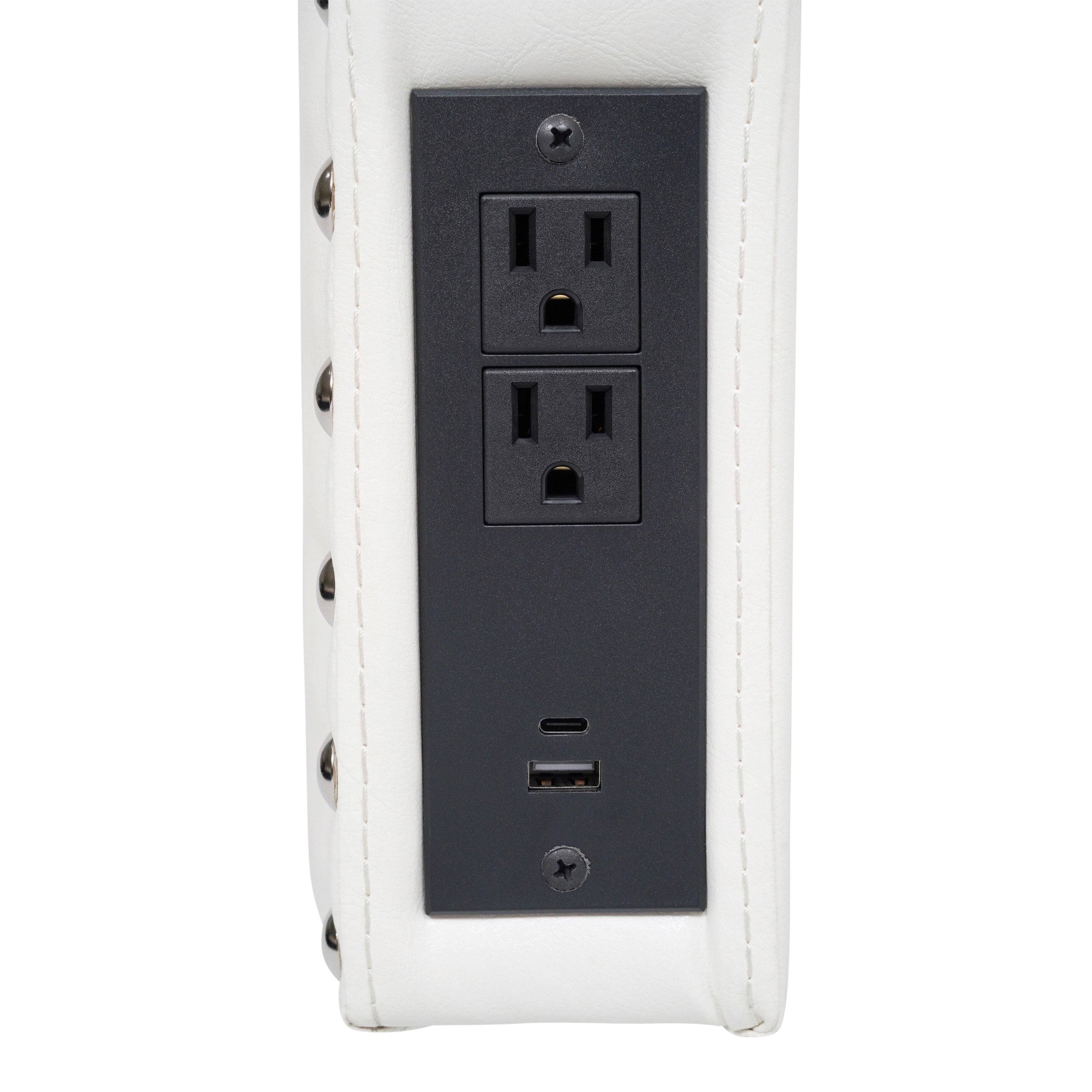 Adeline Contoured Twin Headboard with 2 Power Outlets, 1 USB and 1 USB Type-C Port with Studded LeatherSoft Upholstery and Dual Hanging Options, White