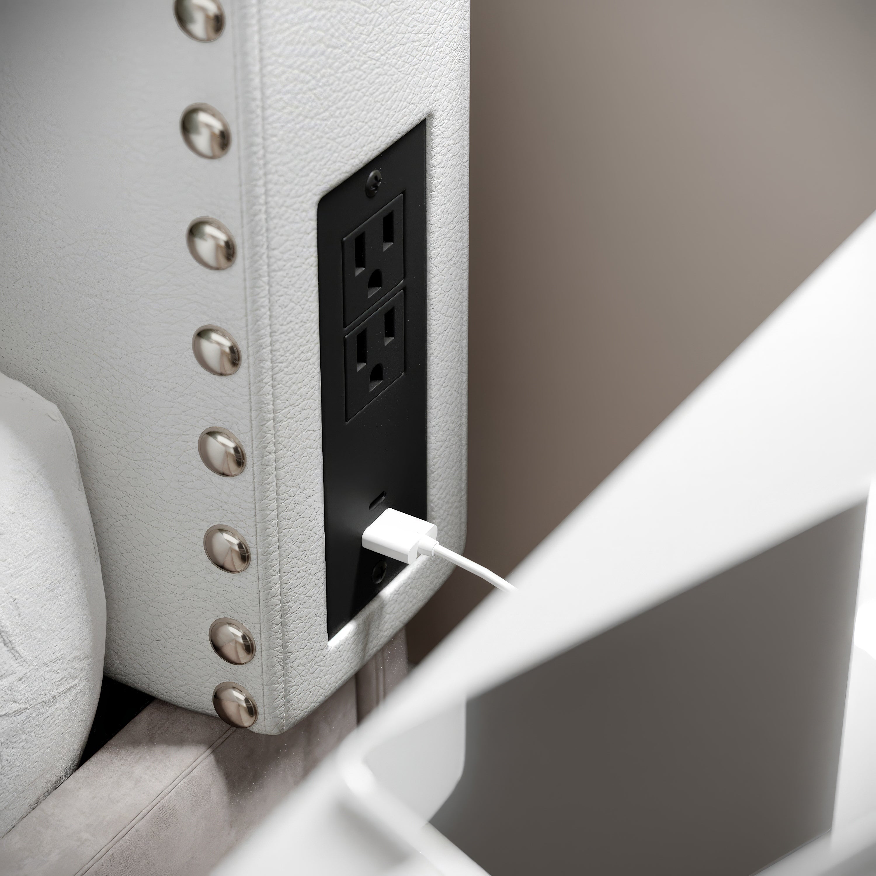 Adeline Contoured Twin Headboard with 2 Power Outlets, 1 USB and 1 USB Type-C Port with Studded LeatherSoft Upholstery and Dual Hanging Options, White