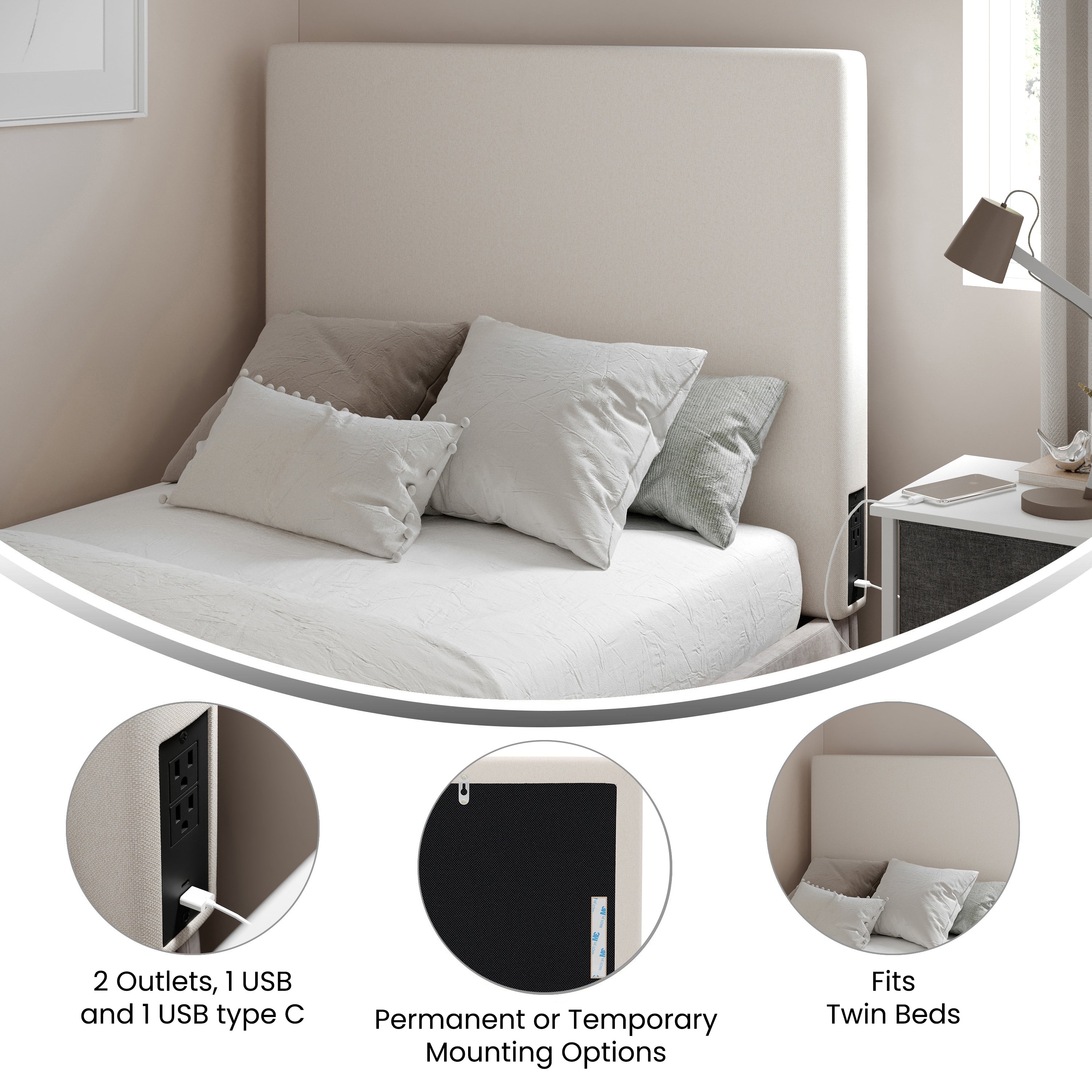 Hugo Twin Headboard with 2 Power Outlets, 1 USB and 1 USB Type-C Port with Faux Linen Upholstery and Dual Hanging Options in Beige