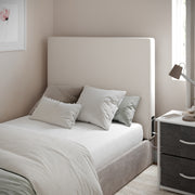 Hugo Twin Headboard with 2 Power Outlets, 1 USB and 1 USB Type-C Port with Faux Linen Upholstery and Dual Hanging Options in Beige