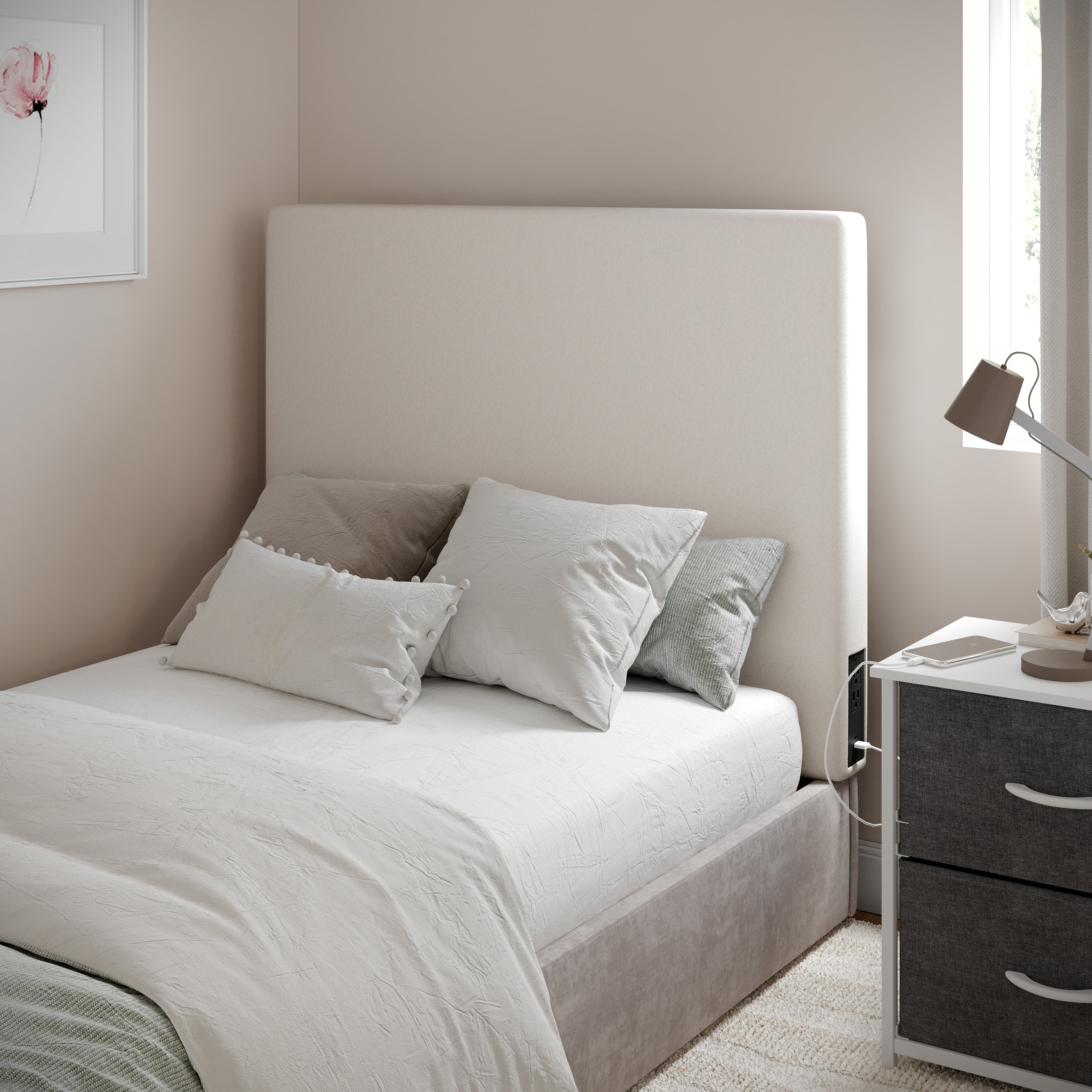 Hugo Twin Headboard with 2 Power Outlets, 1 USB and 1 USB Type-C Port with Faux Linen Upholstery and Dual Hanging Options in Beige