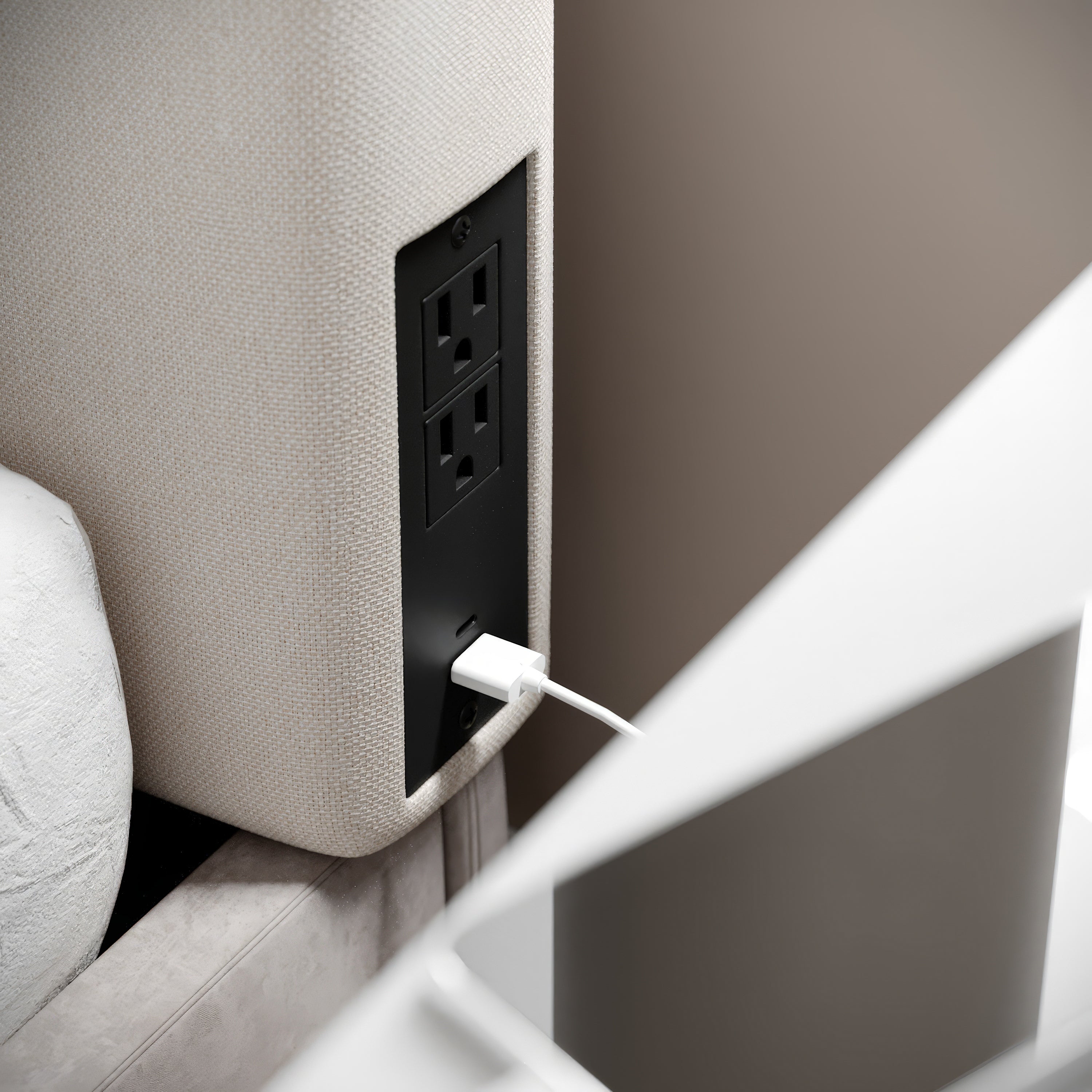 Hugo Twin Headboard with 2 Power Outlets, 1 USB and 1 USB Type-C Port with Faux Linen Upholstery and Dual Hanging Options in Beige