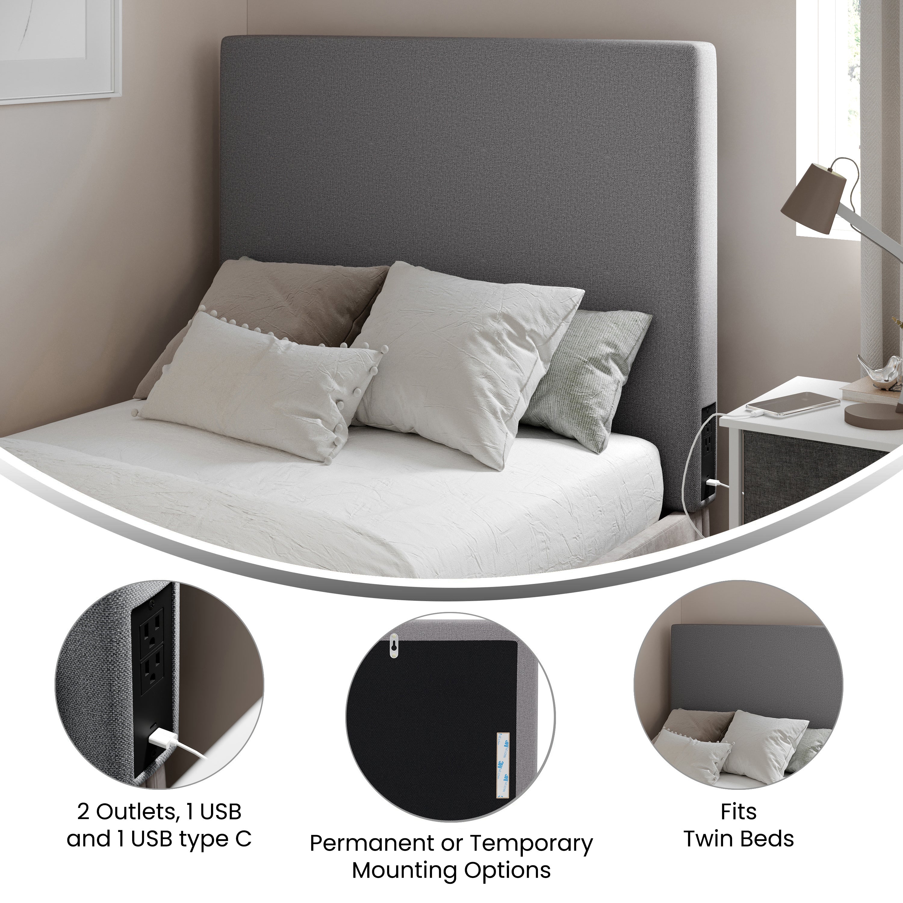 Hugo Twin Headboard with 2 Power Outlets, 1 USB and 1 USB Type-C Port with Faux Linen Upholstery and Dual Hanging Options in Gray