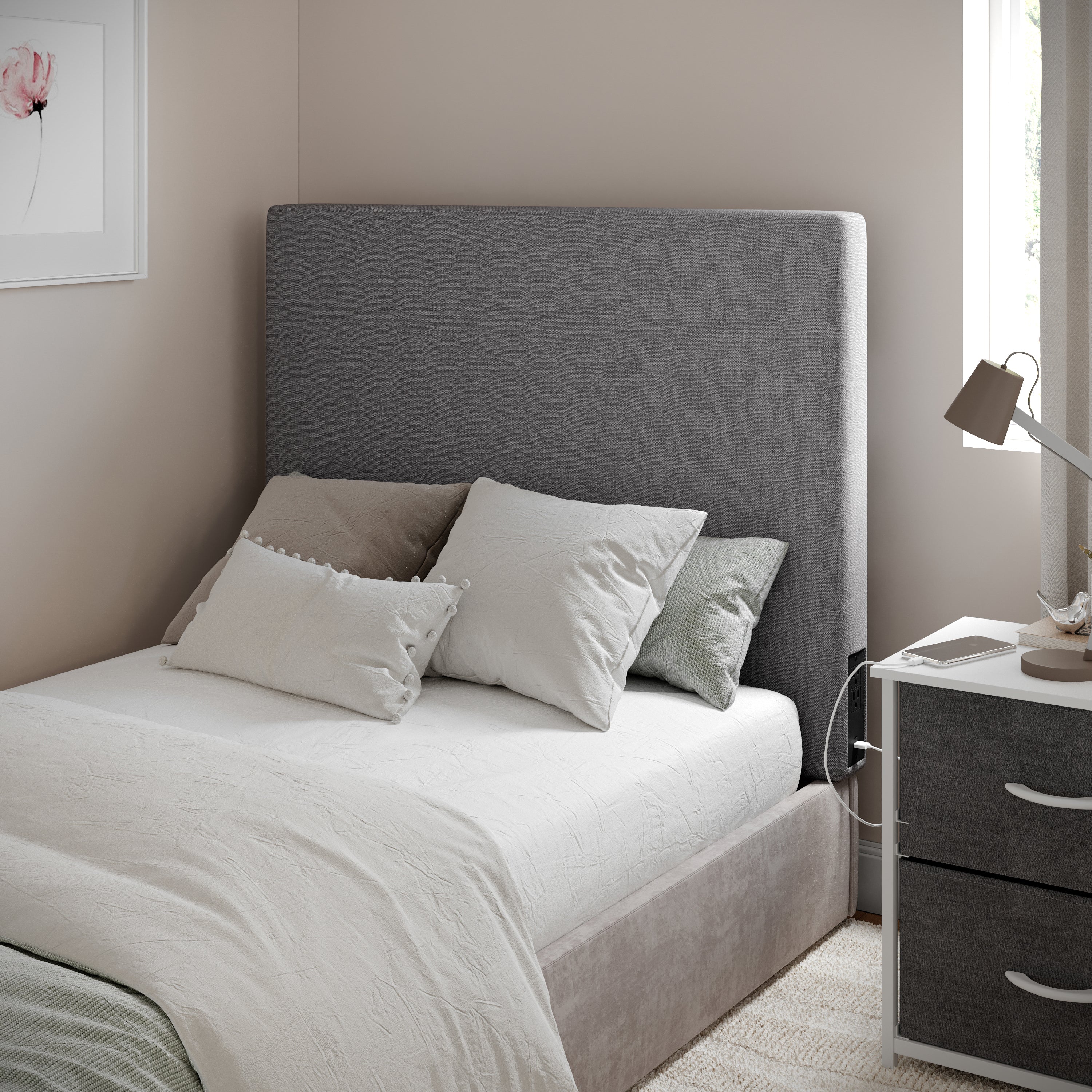 Hugo Twin Headboard with 2 Power Outlets, 1 USB and 1 USB Type-C Port with Faux Linen Upholstery and Dual Hanging Options in Gray