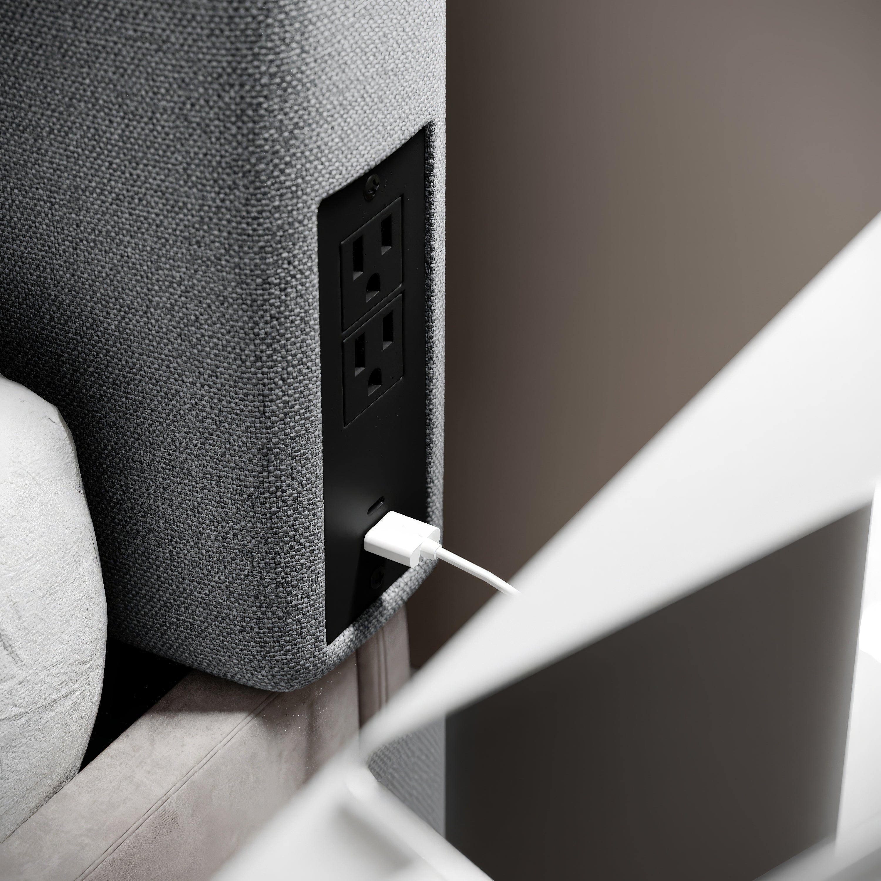 Hugo Twin Headboard with 2 Power Outlets, 1 USB and 1 USB Type-C Port with Faux Linen Upholstery and Dual Hanging Options in Gray