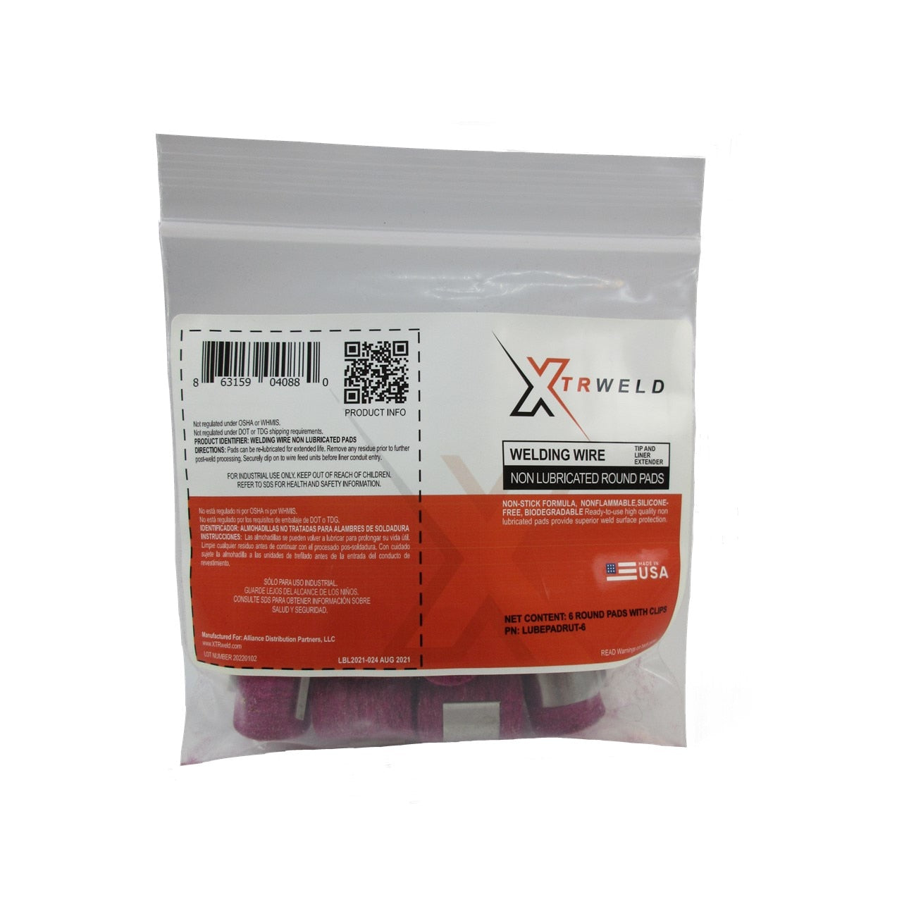 XTRweld Lube Pad, Round, Non-Lubricated, Non-Flammable, Non-Toxic, Clip, 6 Pack