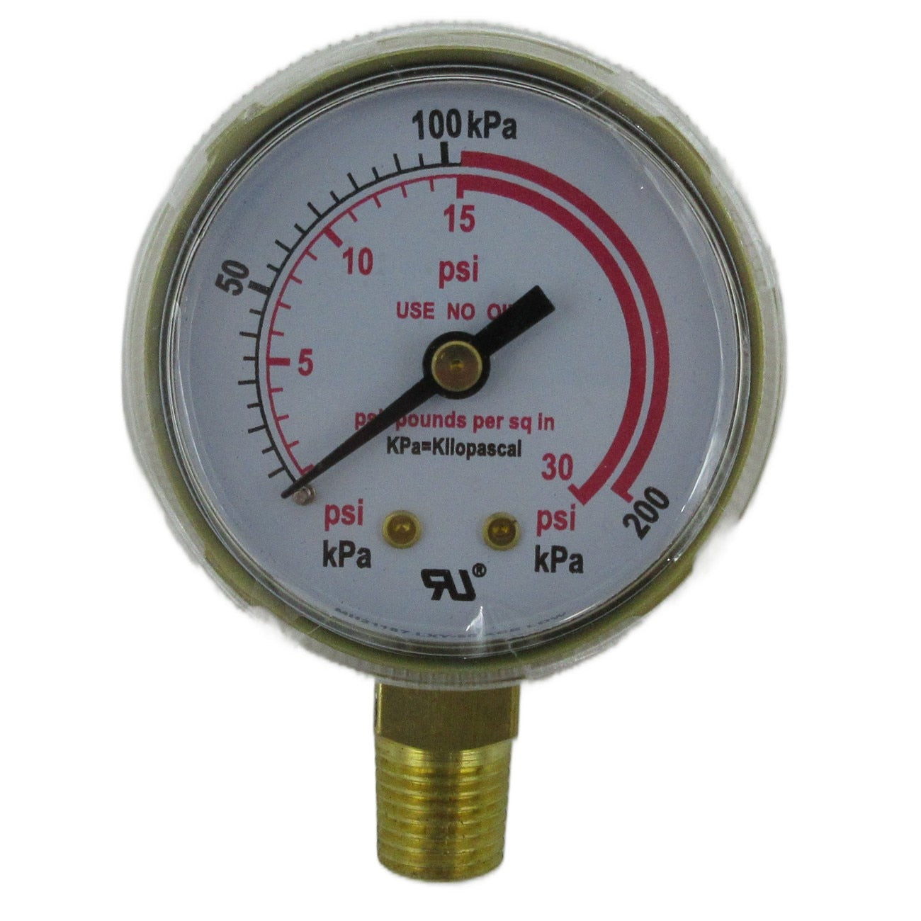 Gauge, 2", Brass, 30PSI/kPa Red Line, UL, Poly Lens, BTM Mount