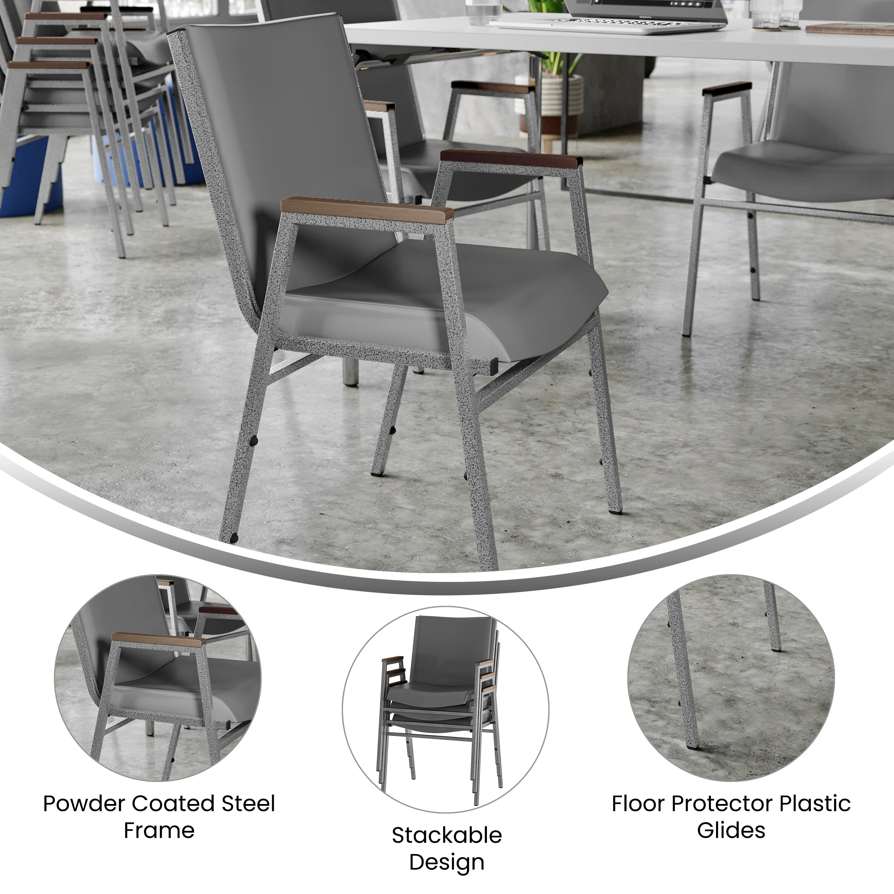 HERCULES Heavy Duty Gray Vinyl Stack Chair with Arms