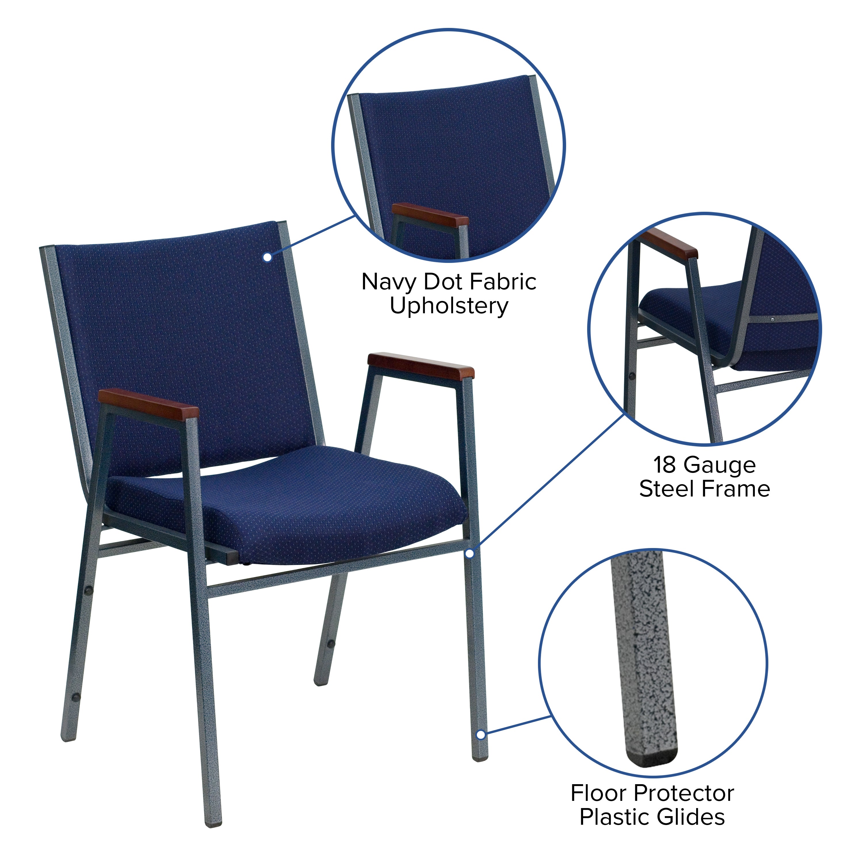 HERCULES Series Heavy Duty Navy Blue Dot Fabric Stack Chair with Arms