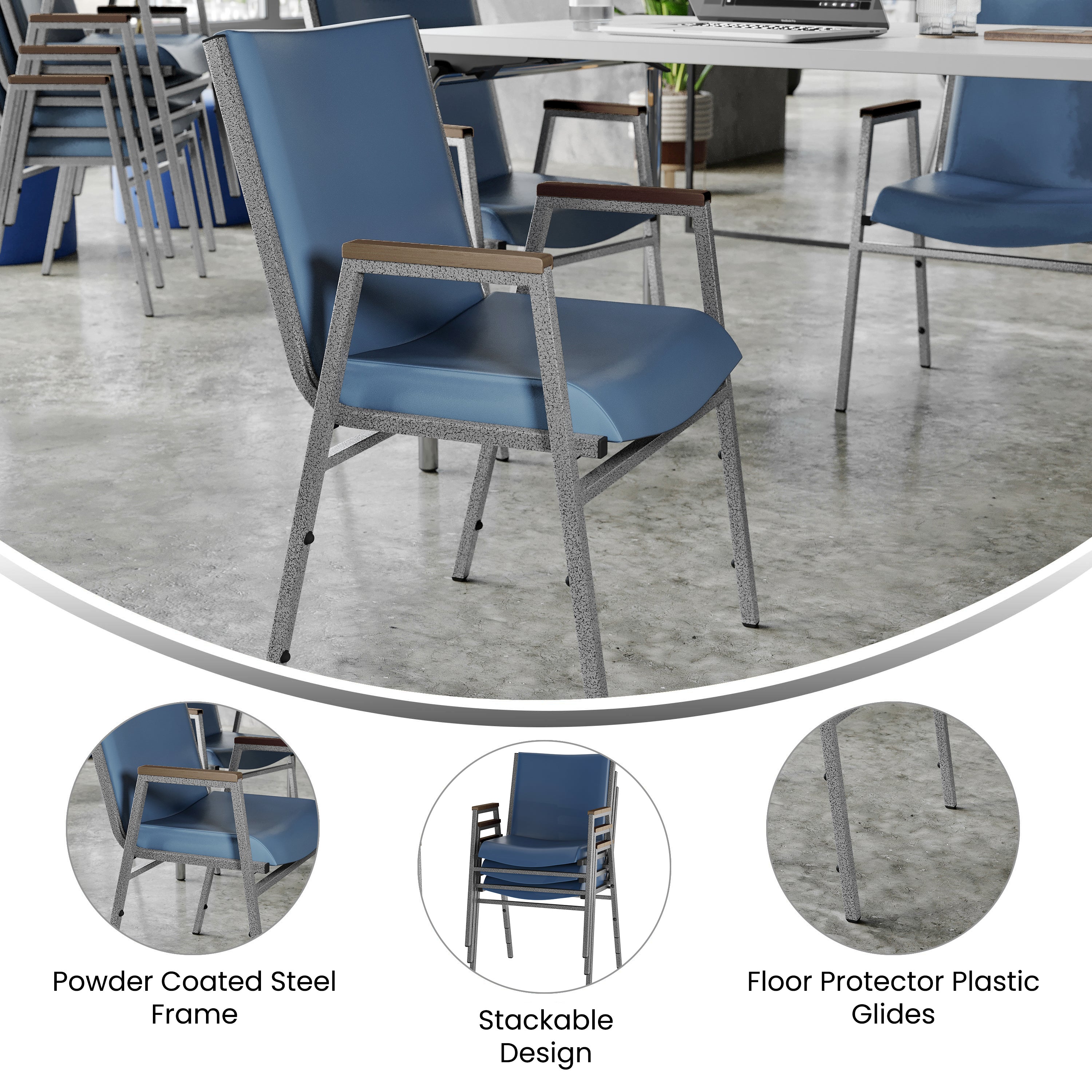 HERCULES Heavy Duty Navy Vinyl Stack Chair with Arms