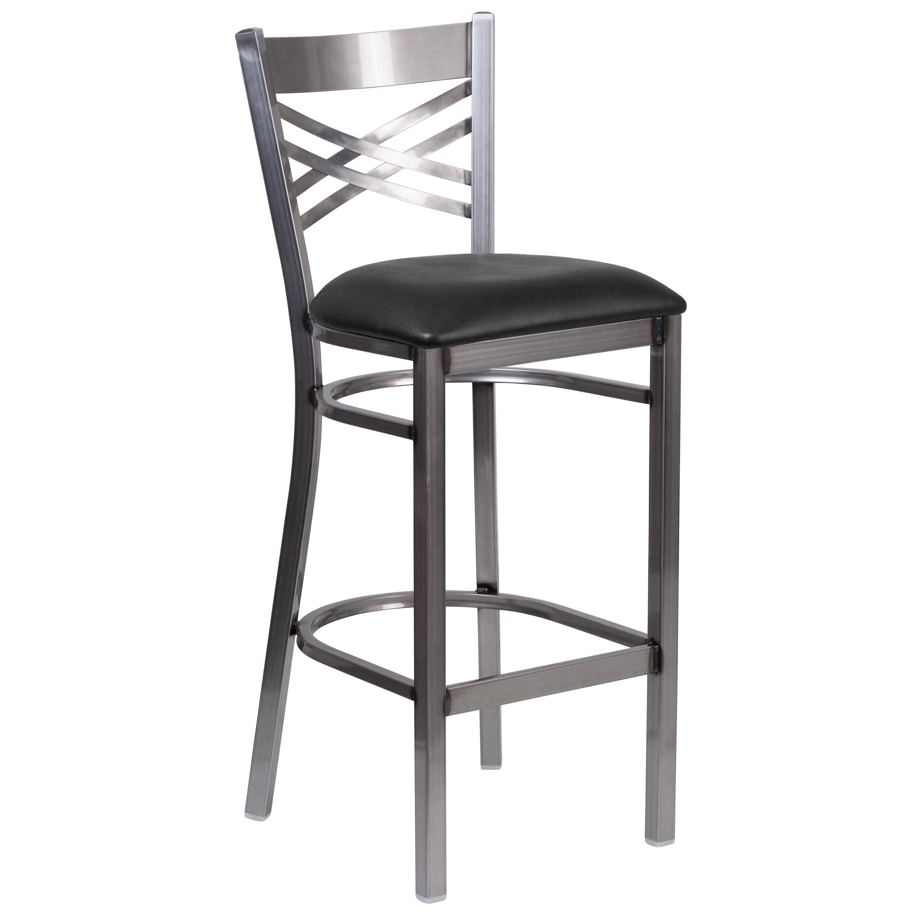 HERCULES Series Silver Antique Finish with Clear Coat ''X'' Back Metal Restaurant Barstool - Black Vinyl Seat