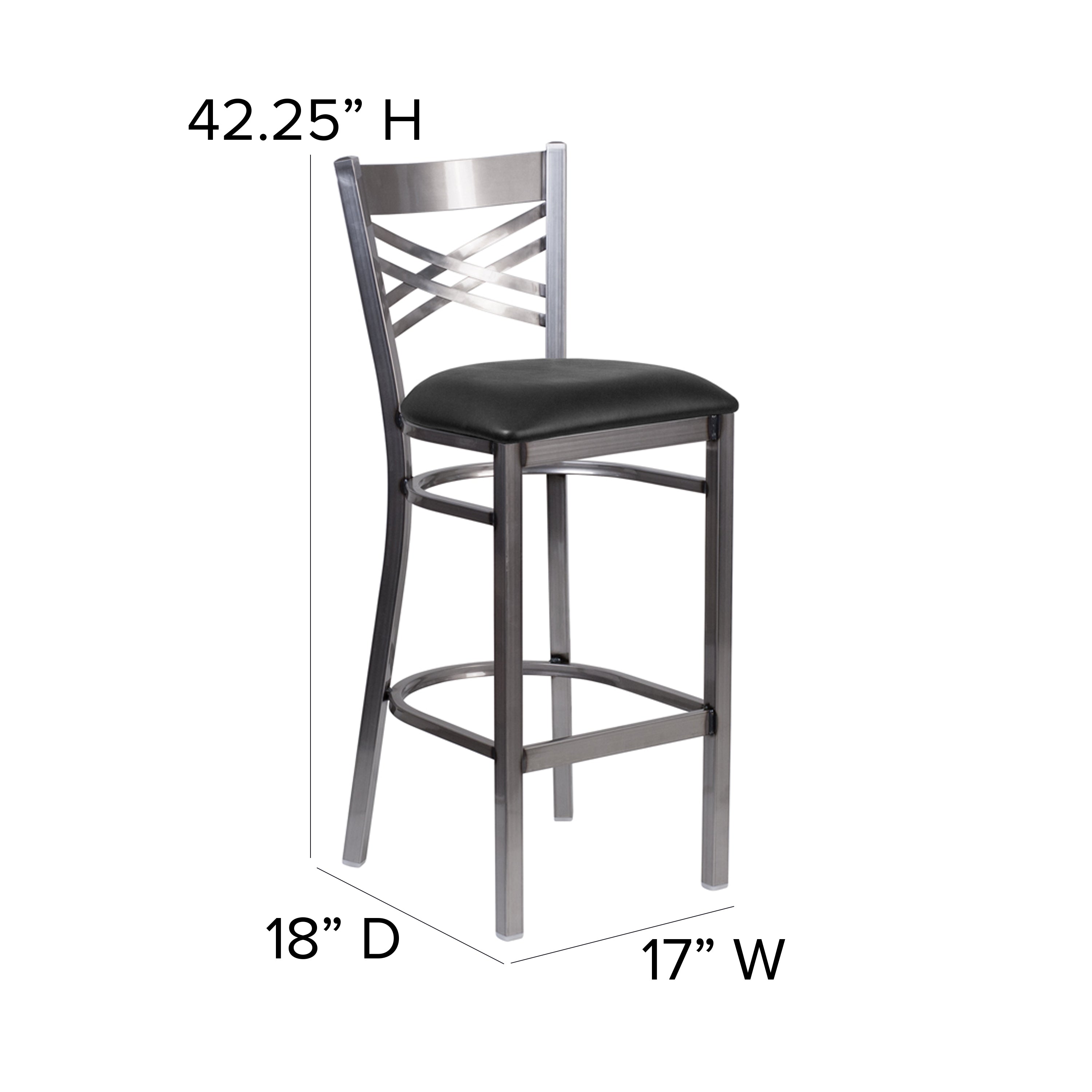 HERCULES Series Silver Antique Finish with Clear Coat ''X'' Back Metal Restaurant Barstool - Black Vinyl Seat