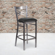 HERCULES Series Silver Antique Finish with Clear Coat ''X'' Back Metal Restaurant Barstool - Black Vinyl Seat